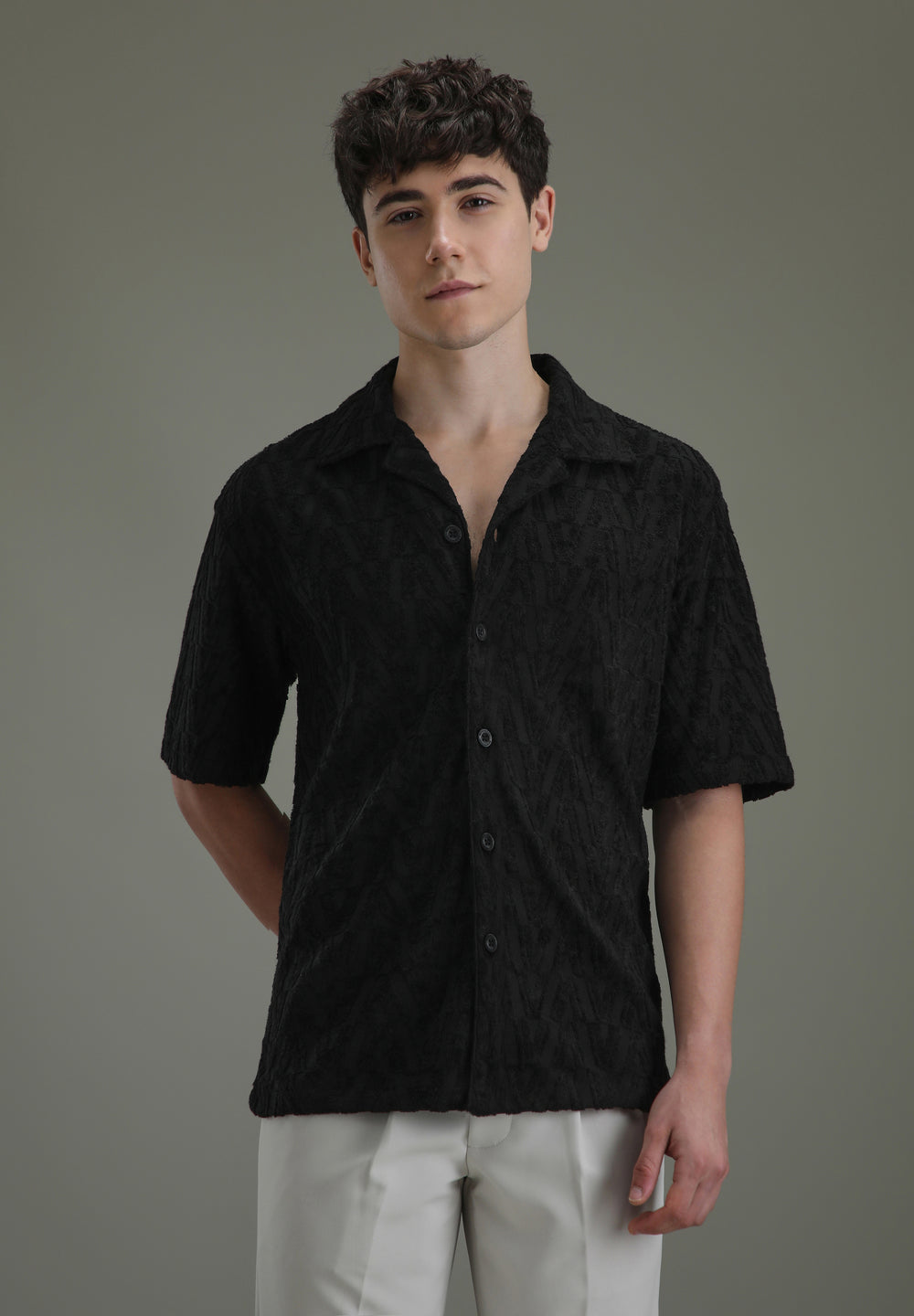 Deep Black Jacquard Towelling Camp Shirt