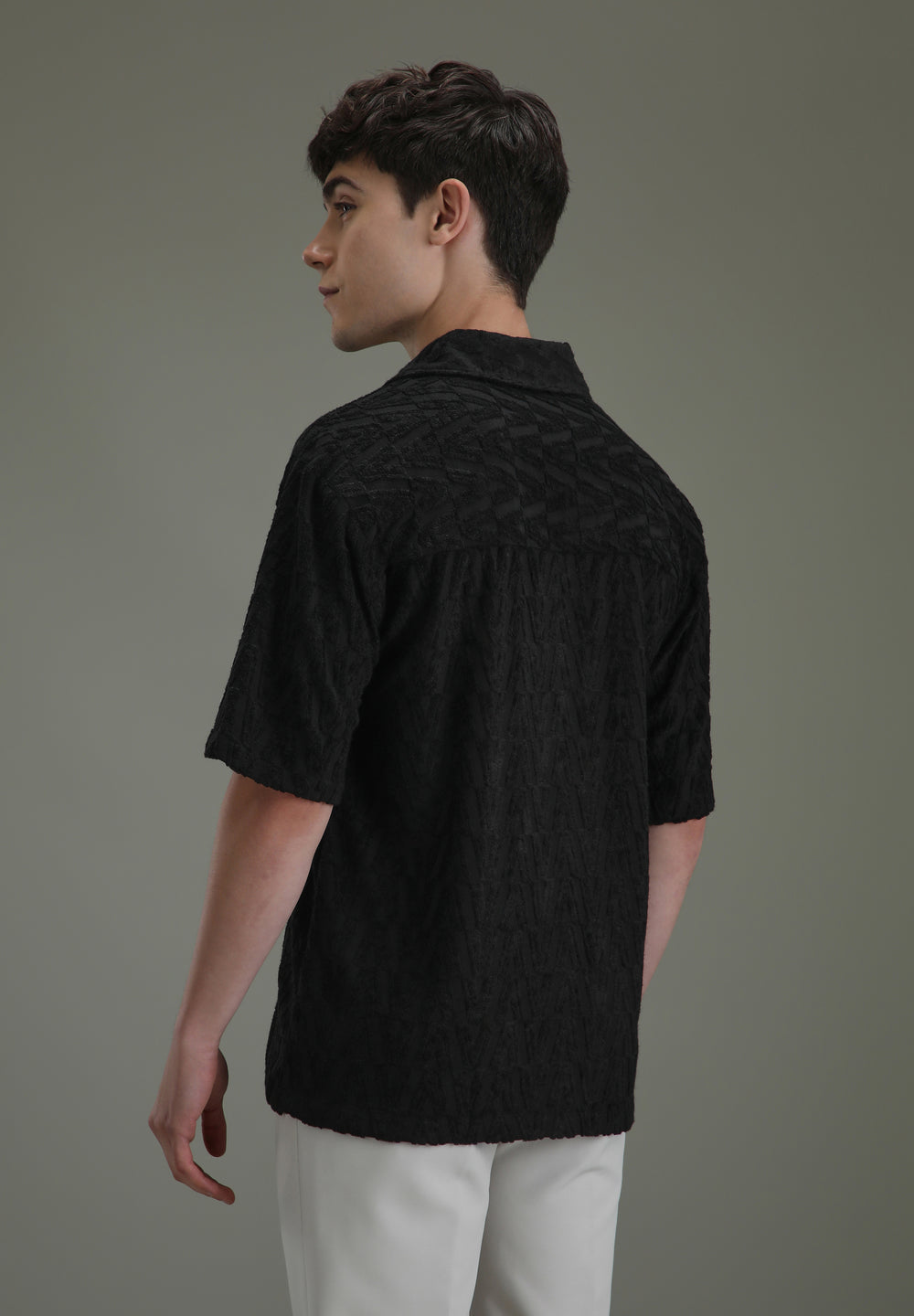 Deep Black Jacquard Towelling Camp Shirt