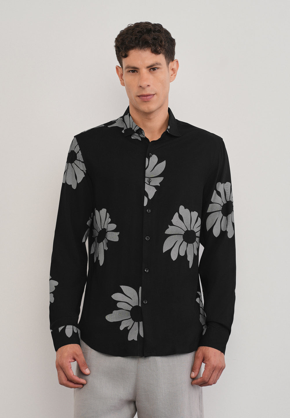Black Linear Floral Print Shirt