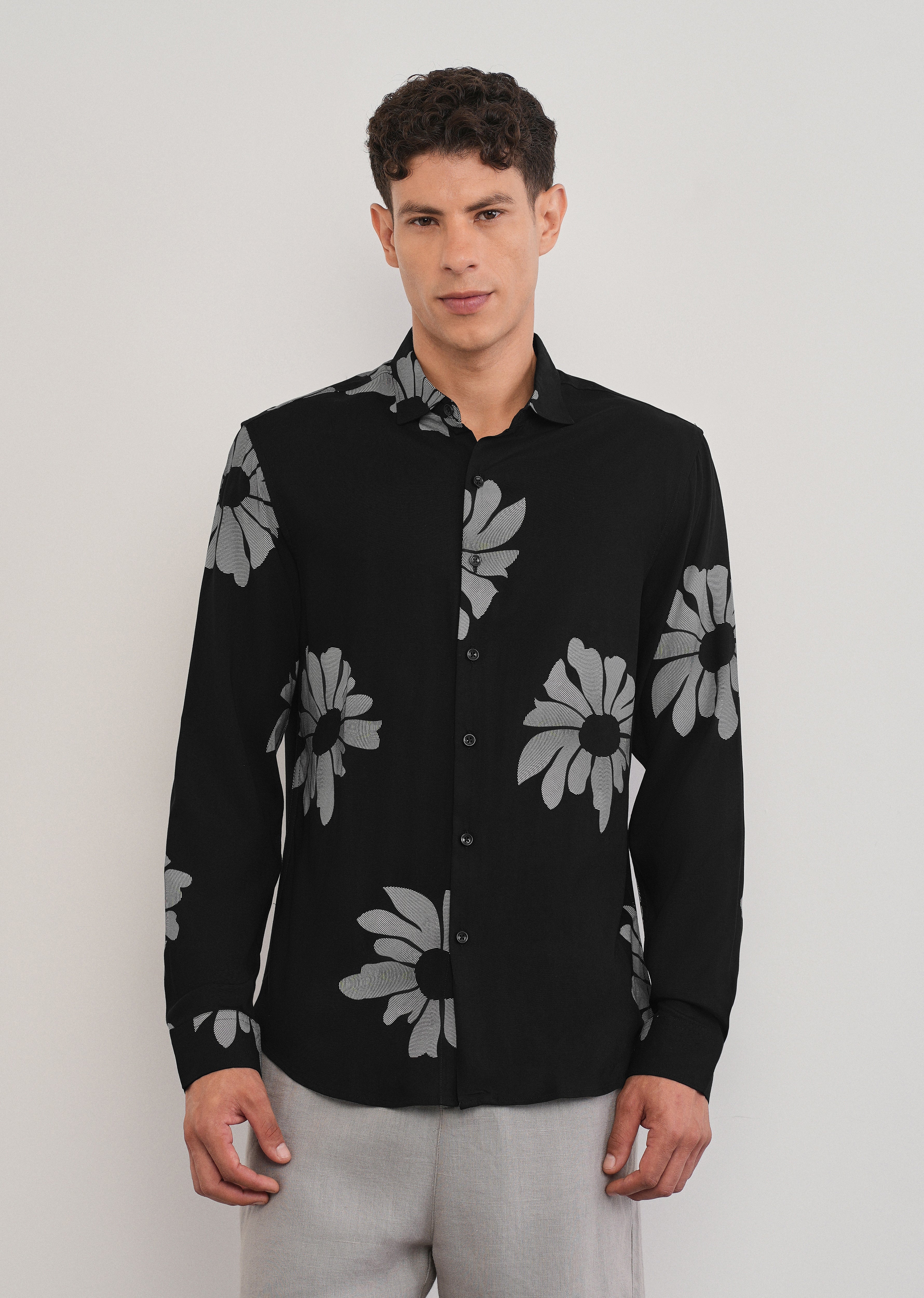 Black Linear Floral Print Shirt