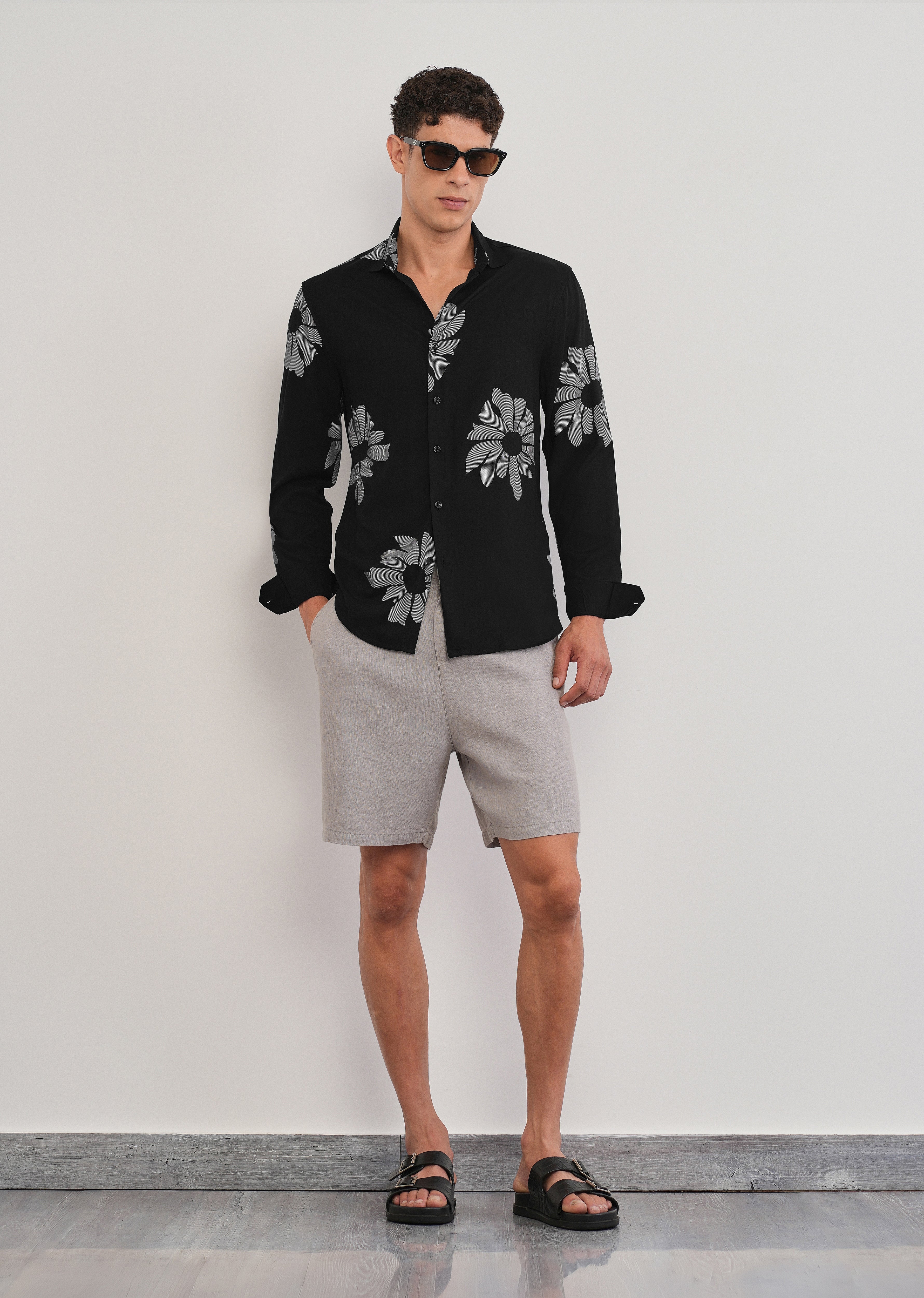 Black Linear Floral Print Shirt