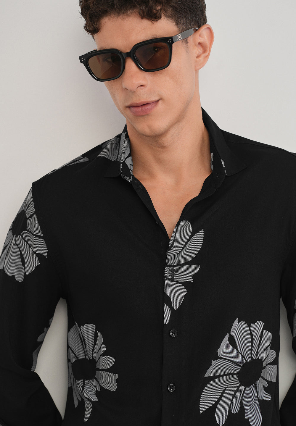 Black Linear Floral Print Shirt