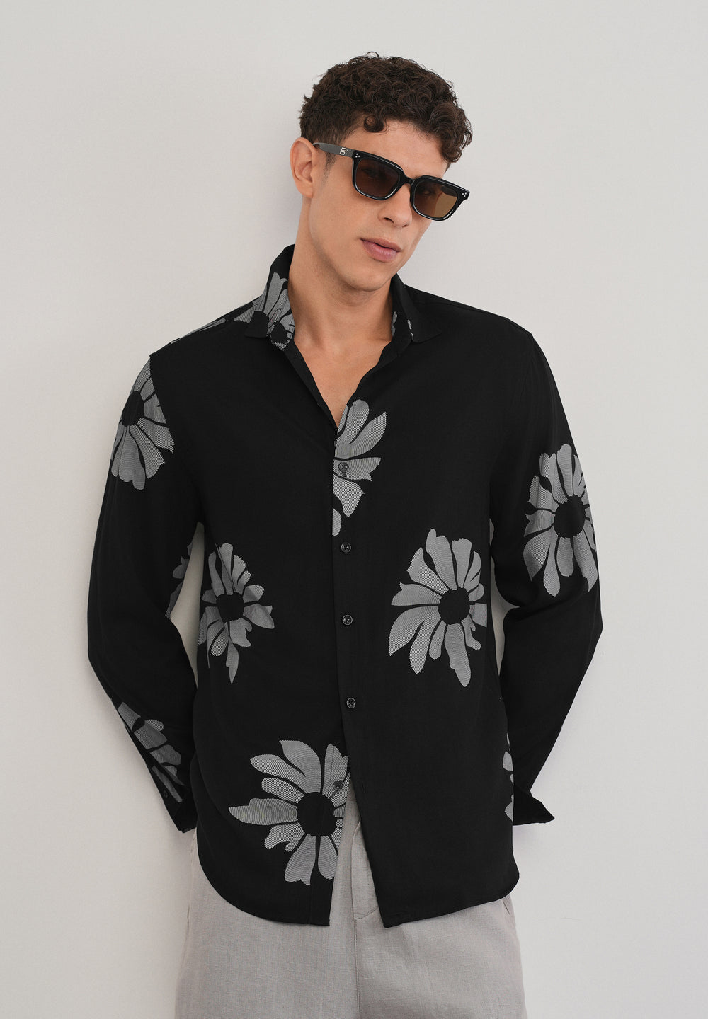 Black Linear Floral Print Shirt