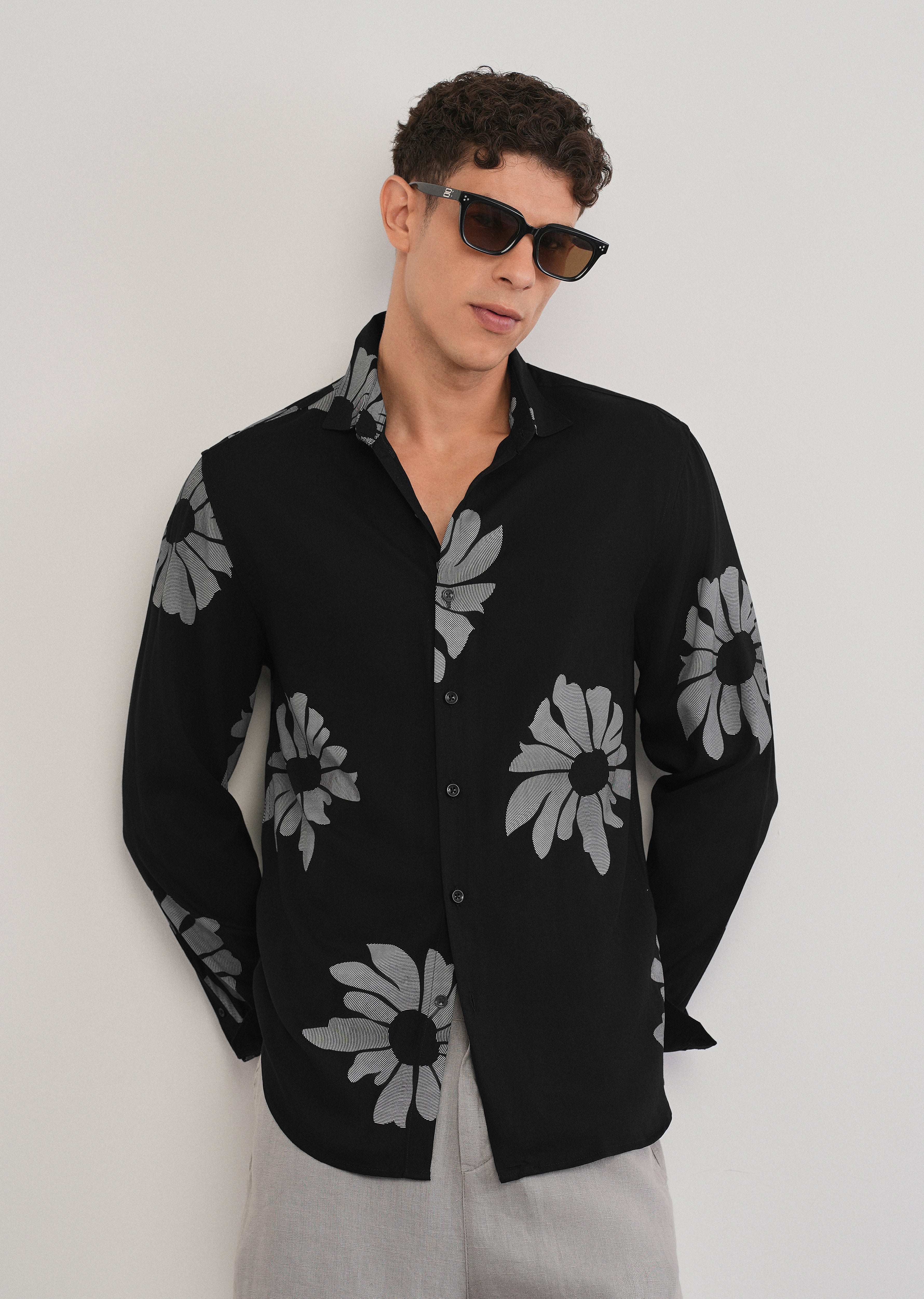 Black Linear Floral Print Shirt