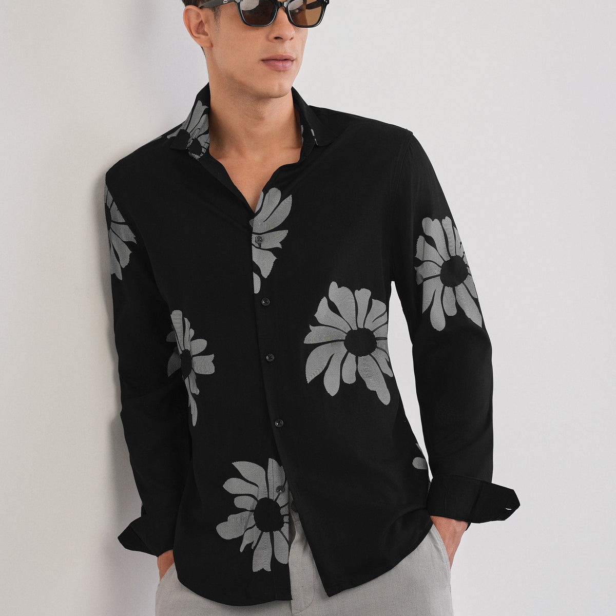 Black Linear Floral Print Shirt