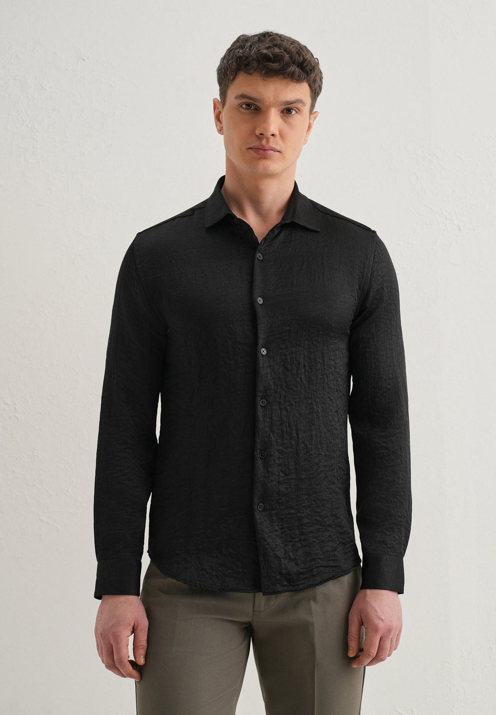 Deep Black Plain Crushed Satin Shirt