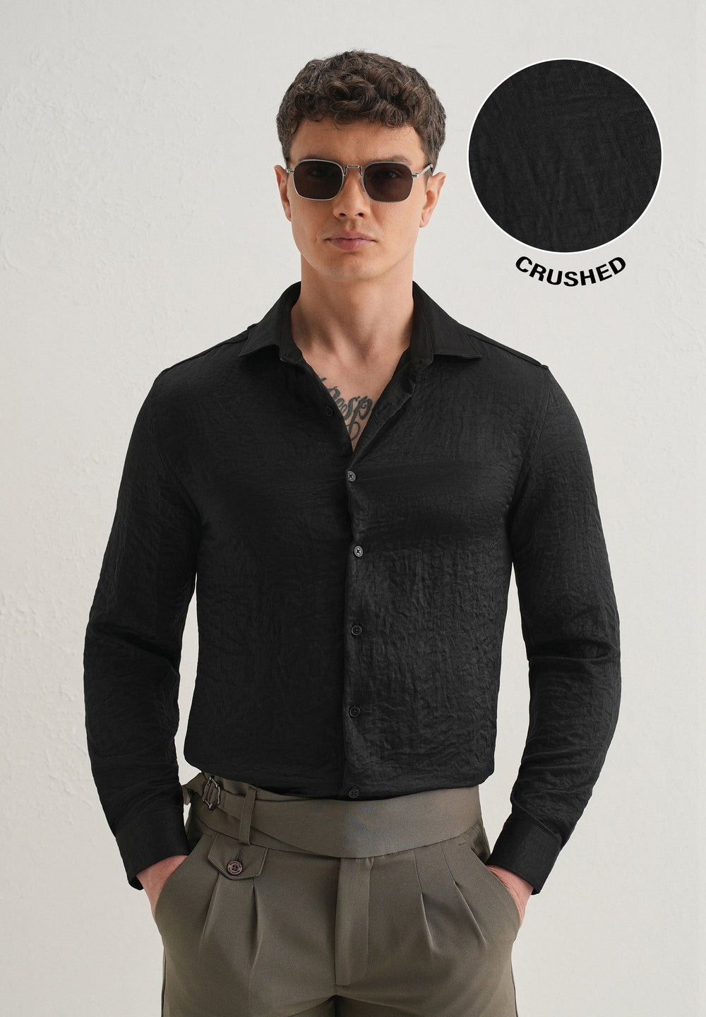 Deep Black Plain Crushed Satin Shirt