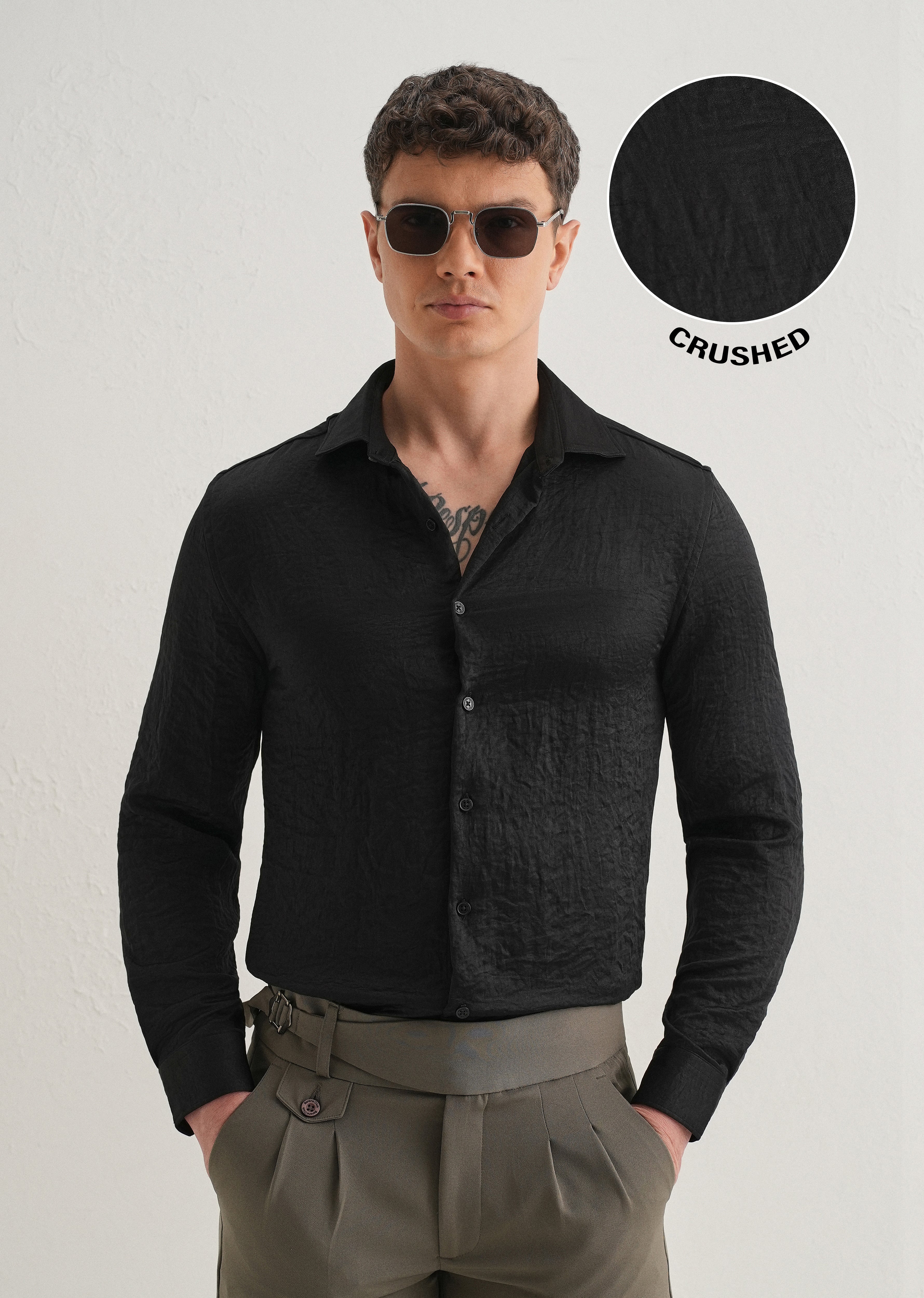 Deep Black Plain Crushed Satin Shirt