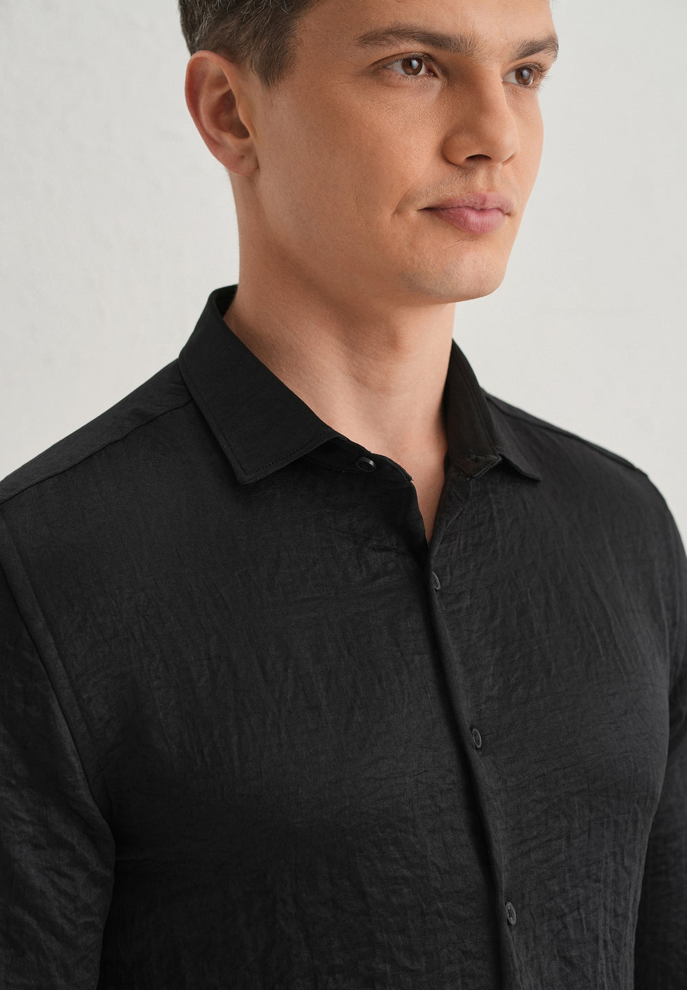 Deep Black Plain Crushed Satin Shirt