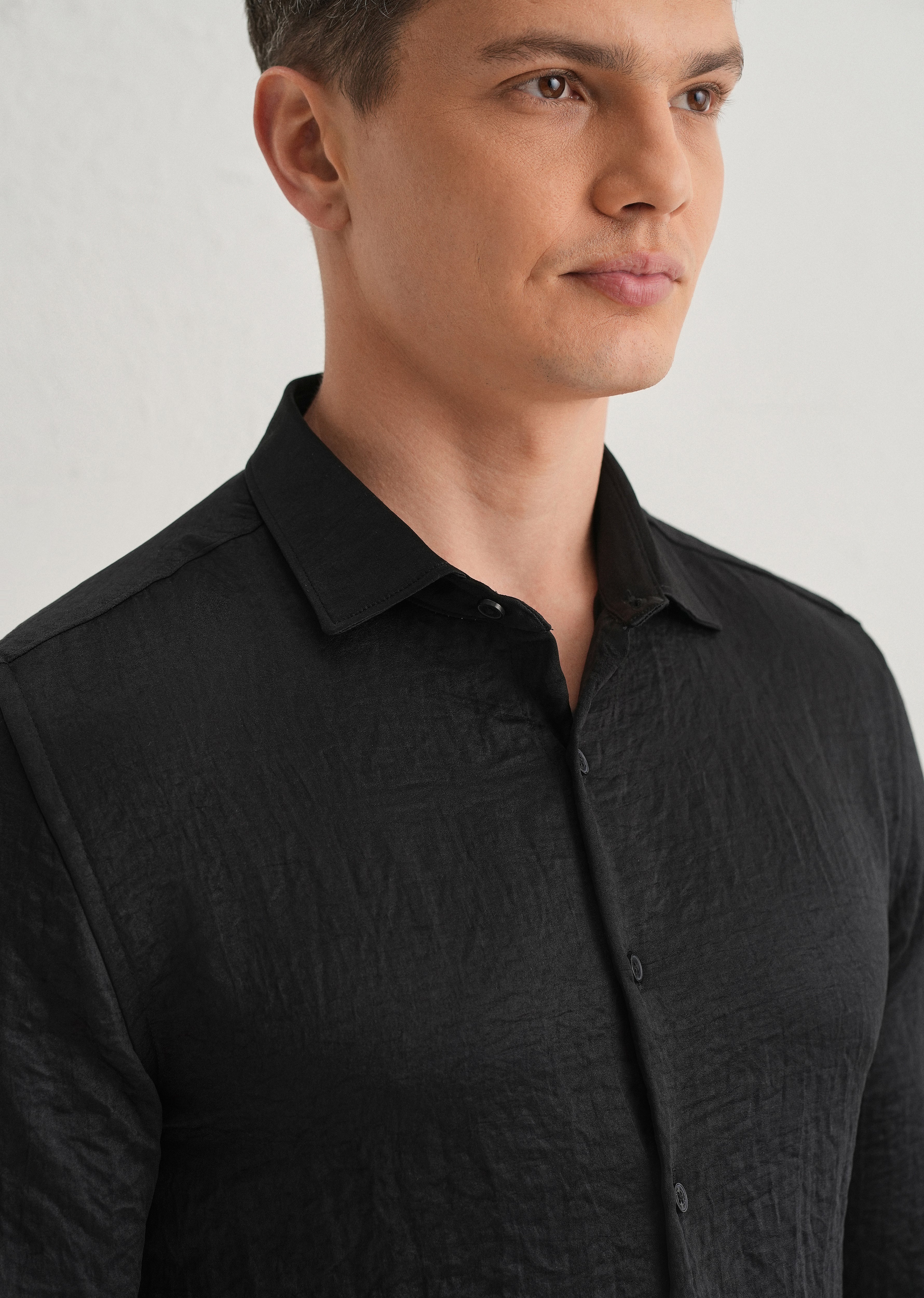 Deep Black Plain Crushed Satin Shirt