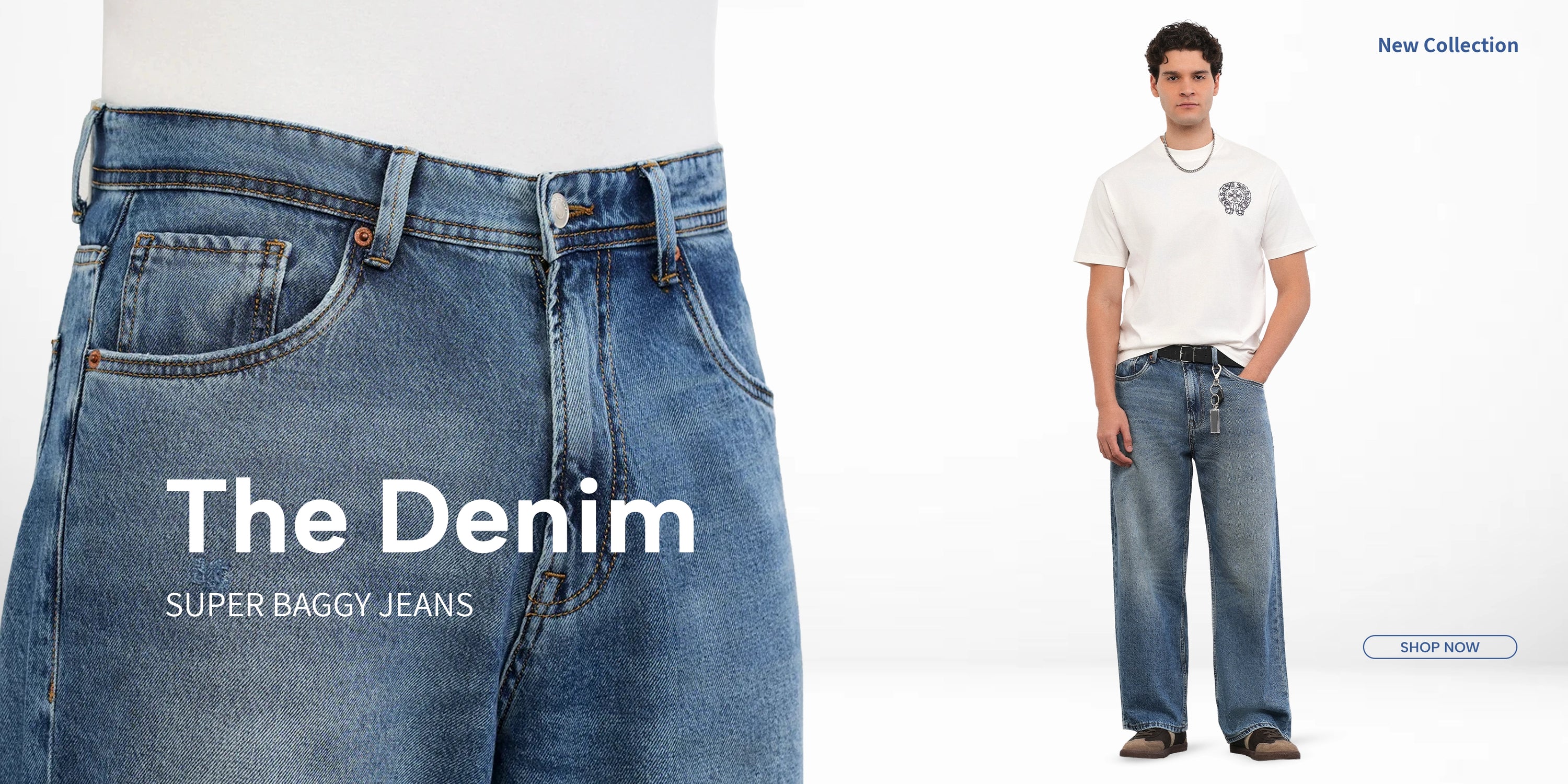 Super baggy jeans with a model wearing them on a white background