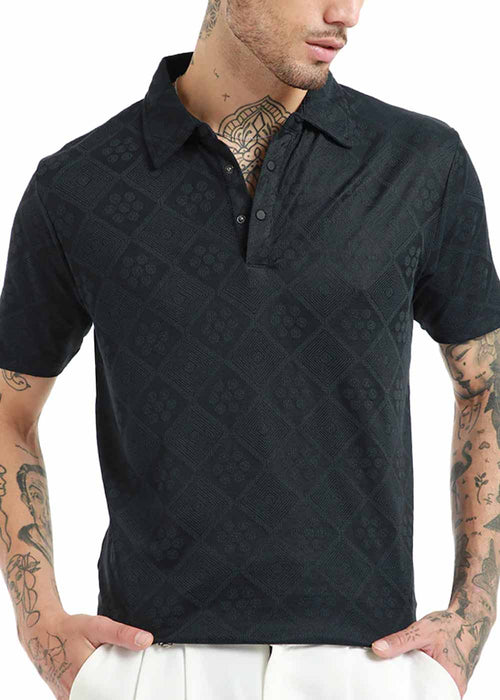 Dark Blue Diamond Textured Polo T-shirt