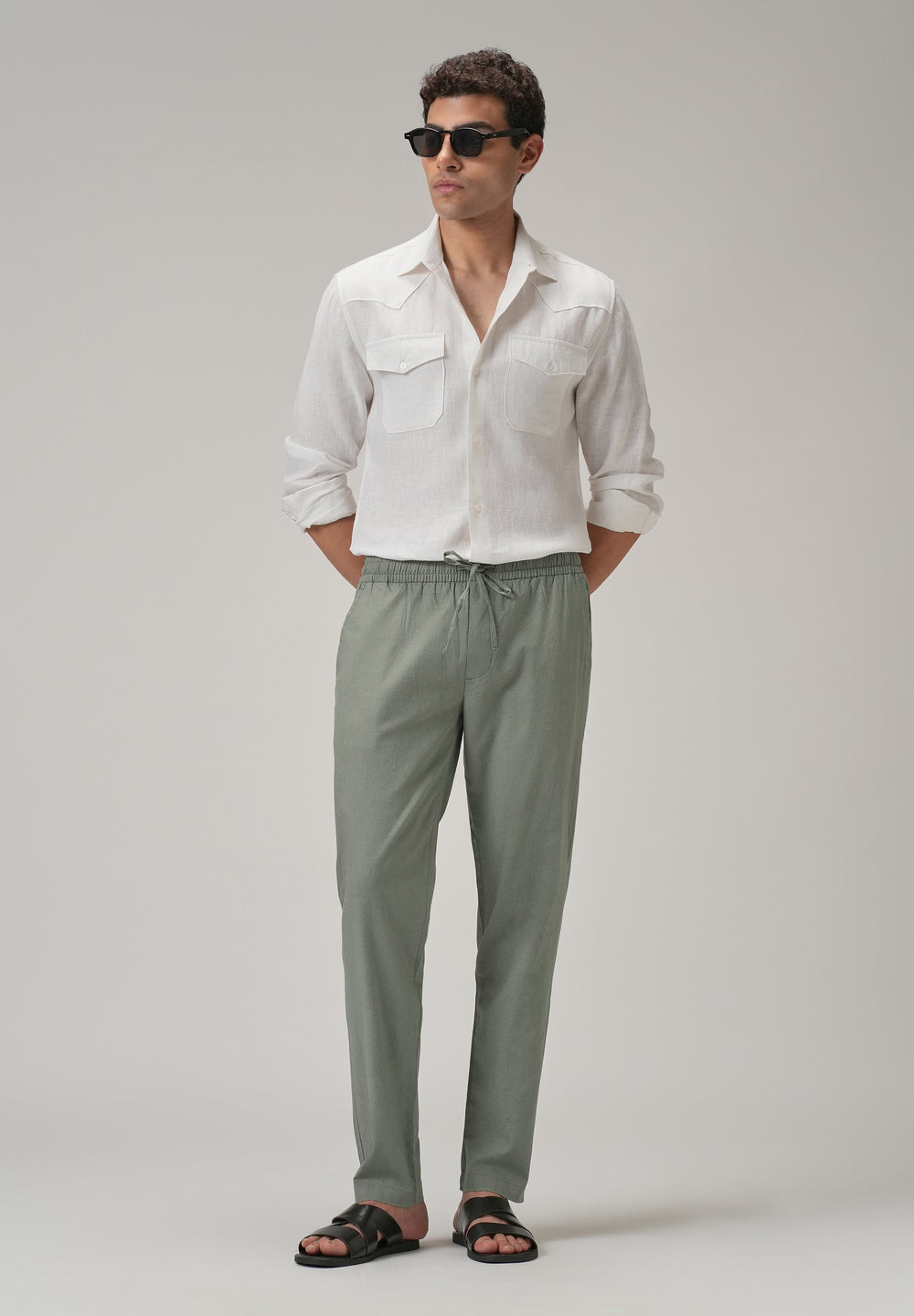 Drawstring Green Linen Pant
