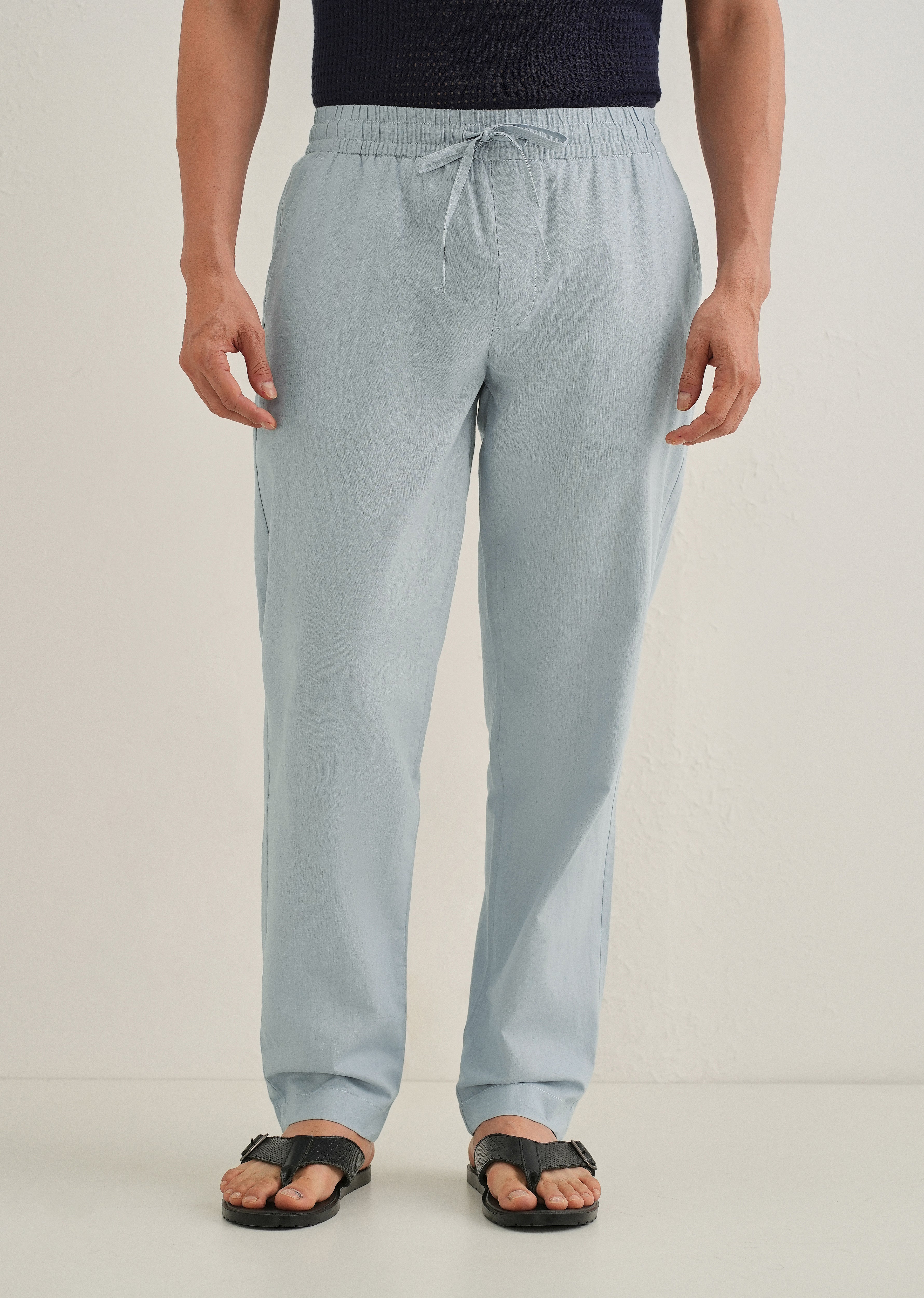 Drawstring Light Blue Linen Pant