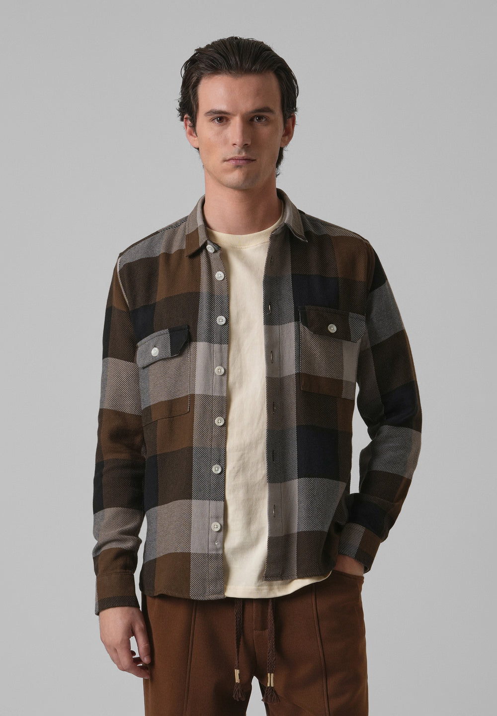 Dusky Brown Brushed Cotton Check Shirt