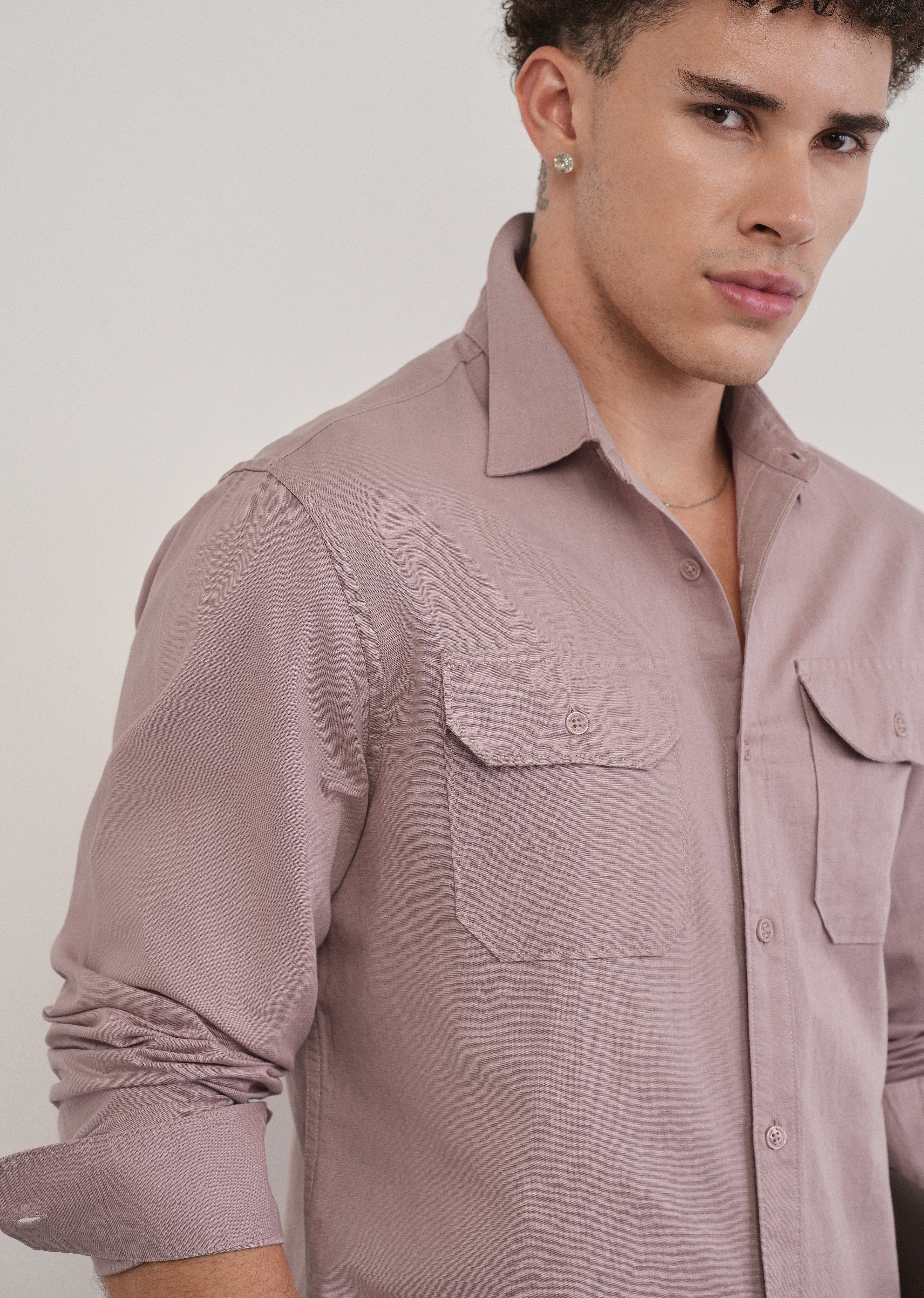 Dusty Rose Cotton Linen Flap Pocket Shirt