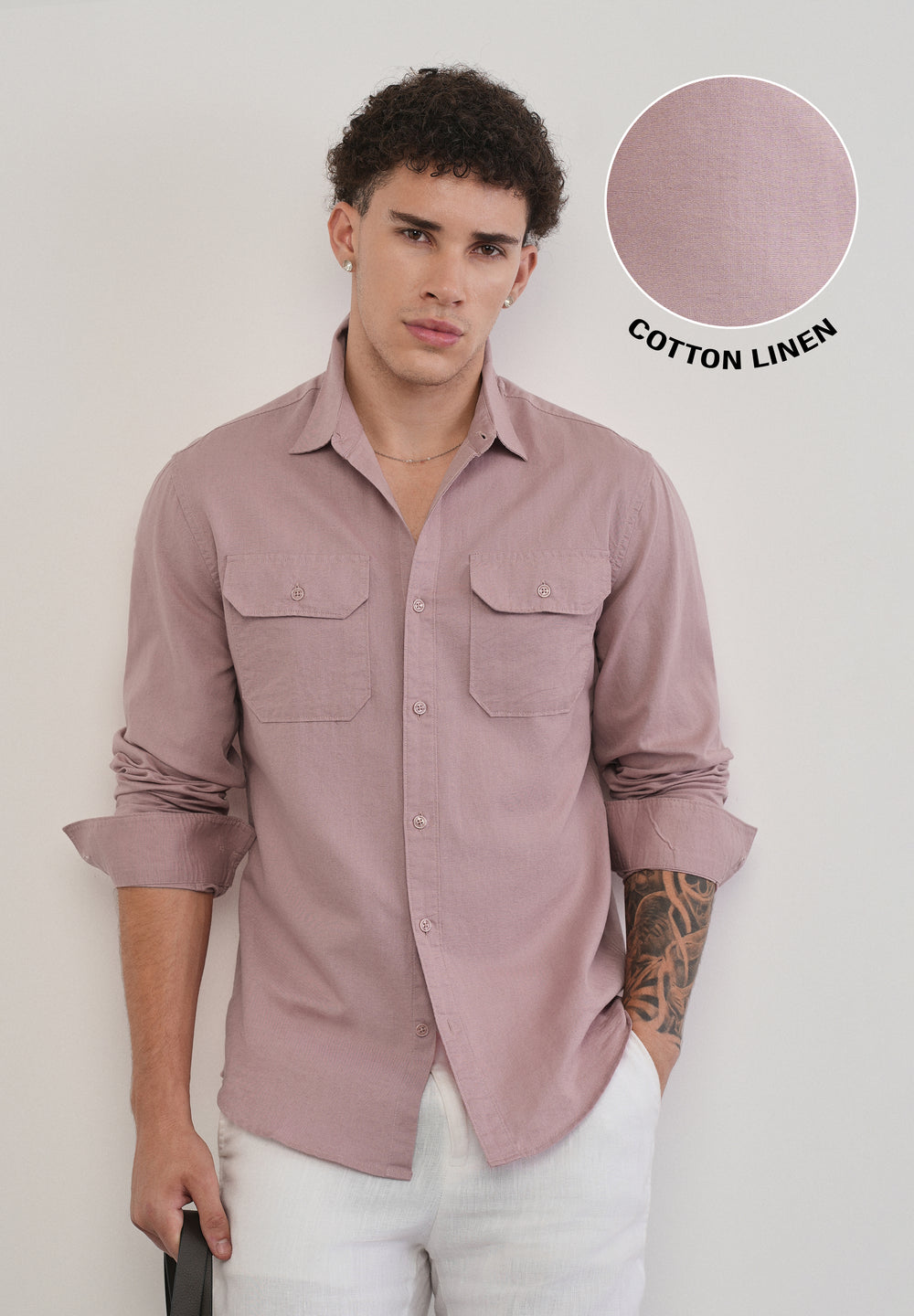 Dusty Rose Cotton Linen Flap Pocket Shirt