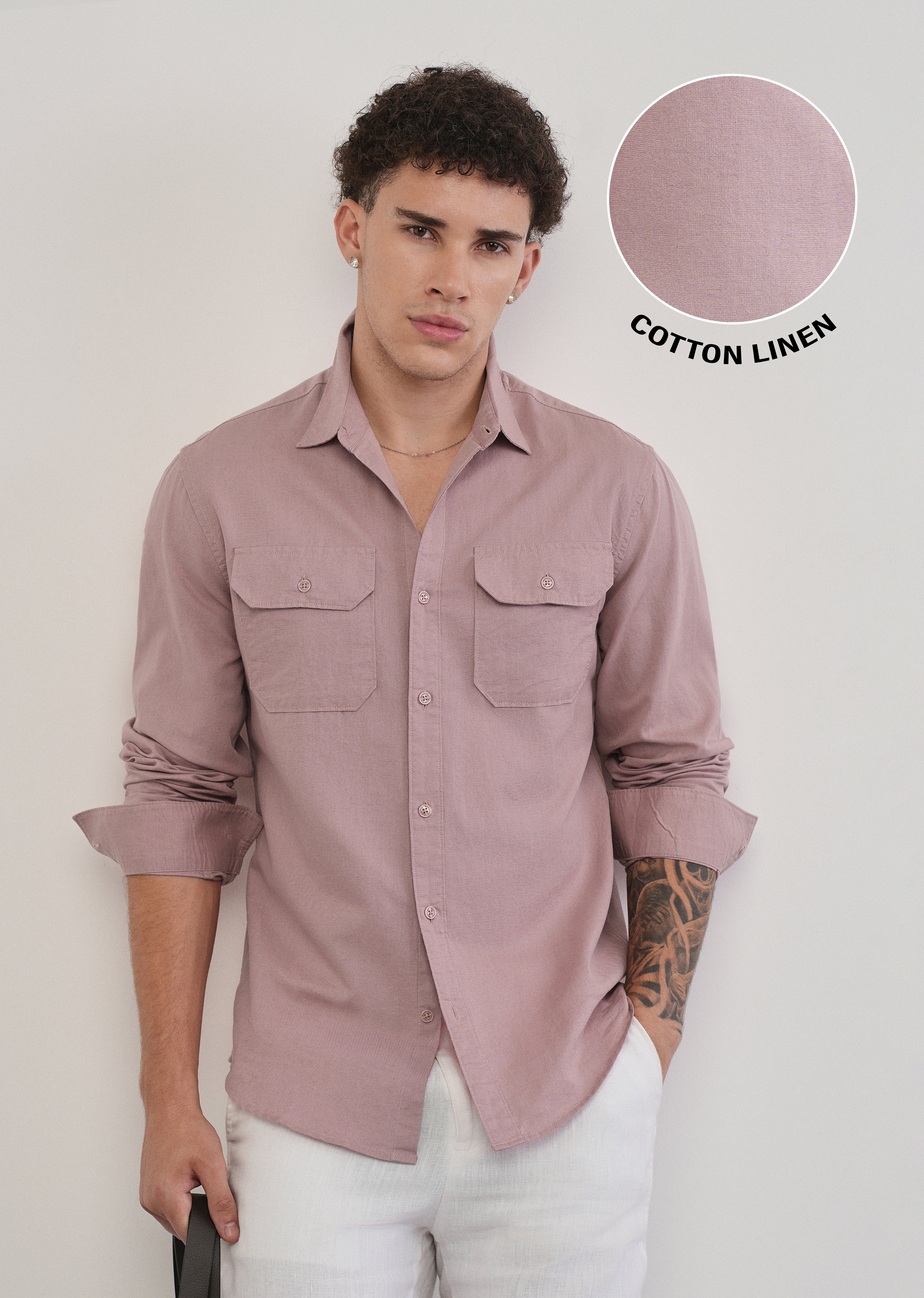 Dusty Rose Cotton Linen Flap Pocket Shirt