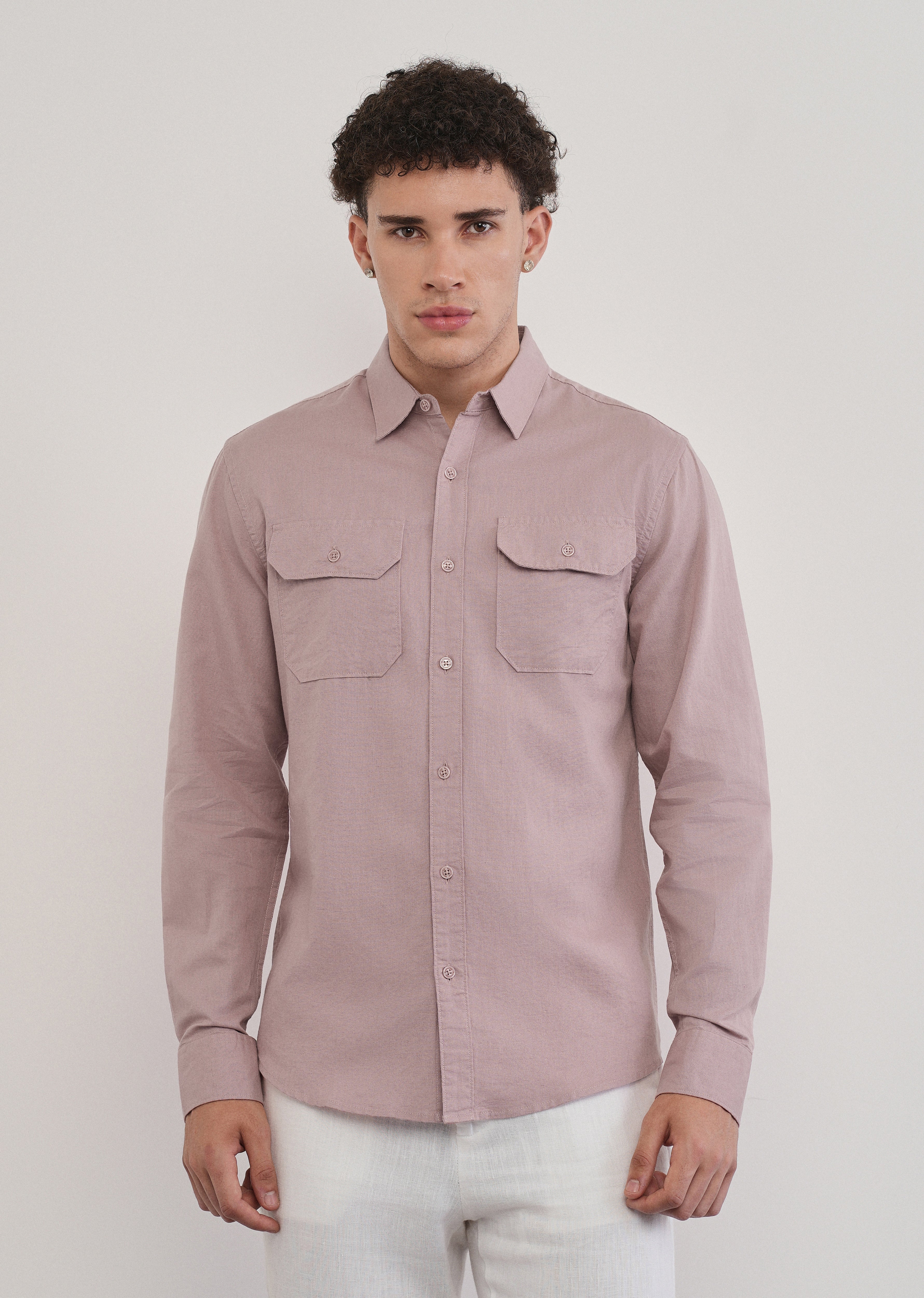 Dusty Rose Cotton Linen Flap Pocket Shirt