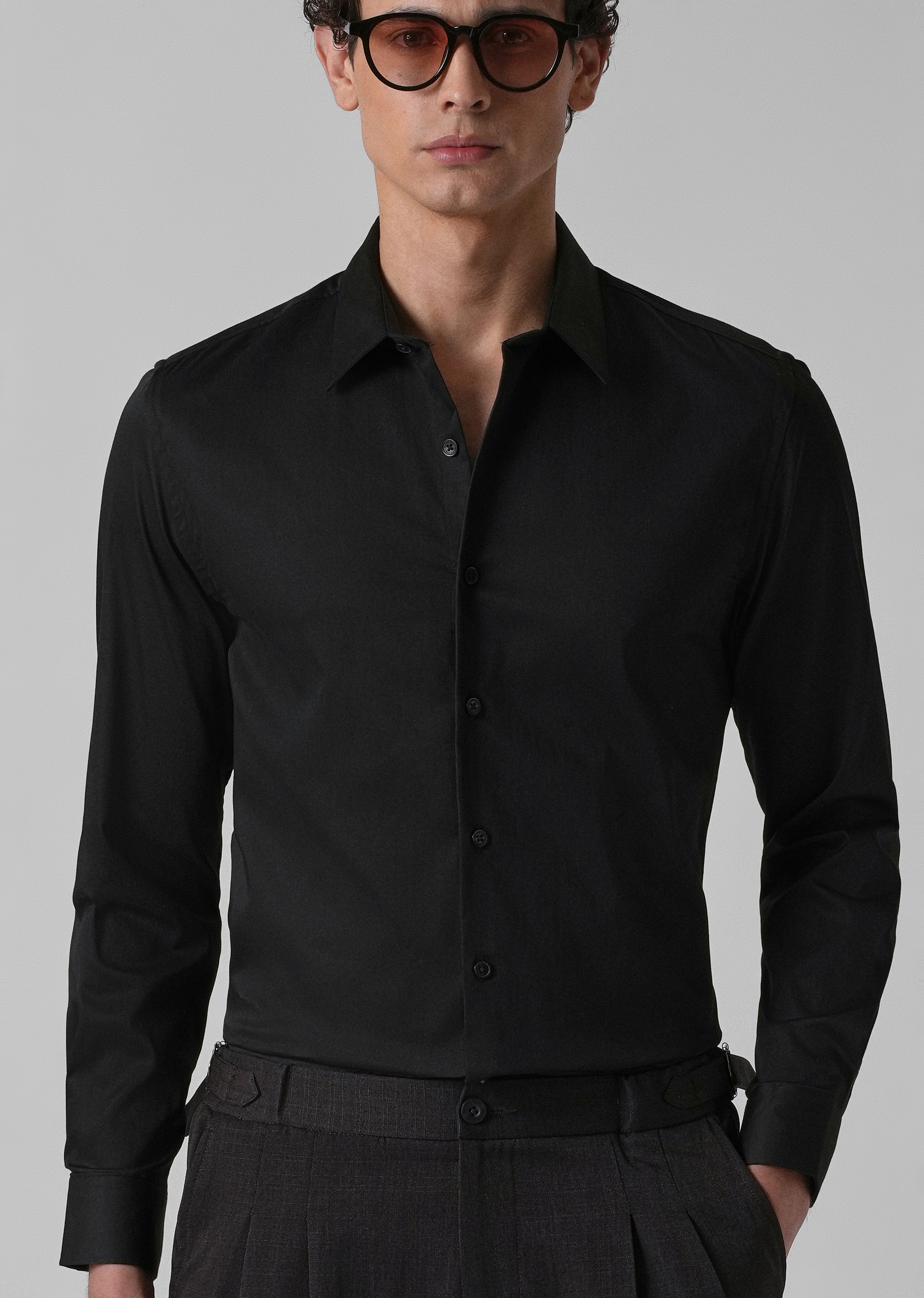 Ebony Black Plain Satin Shirt