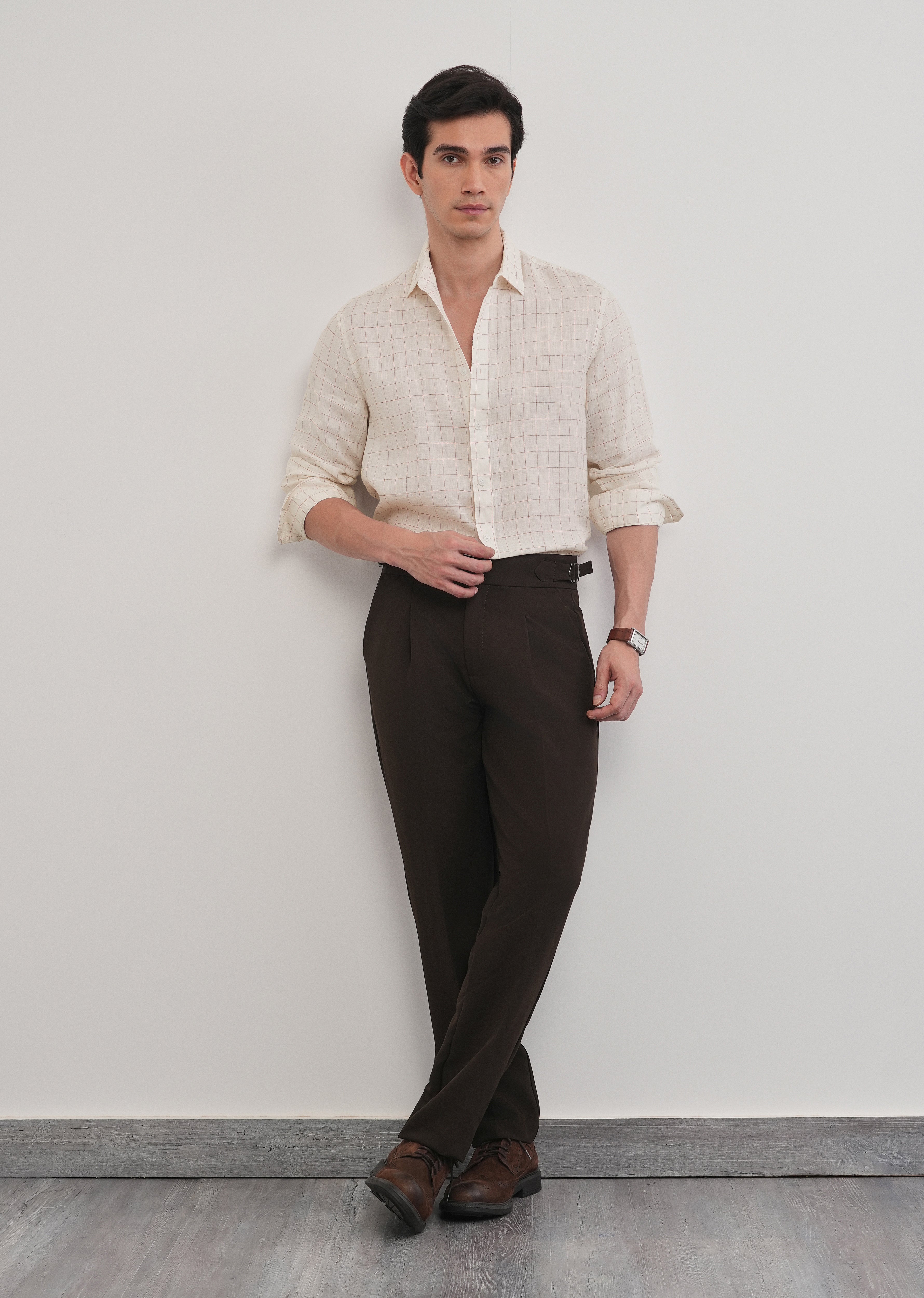 Ecru 100% Pure Linen Check Shirt