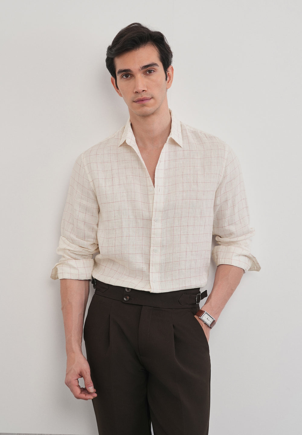 Ecru 100% Pure Linen Check Shirt