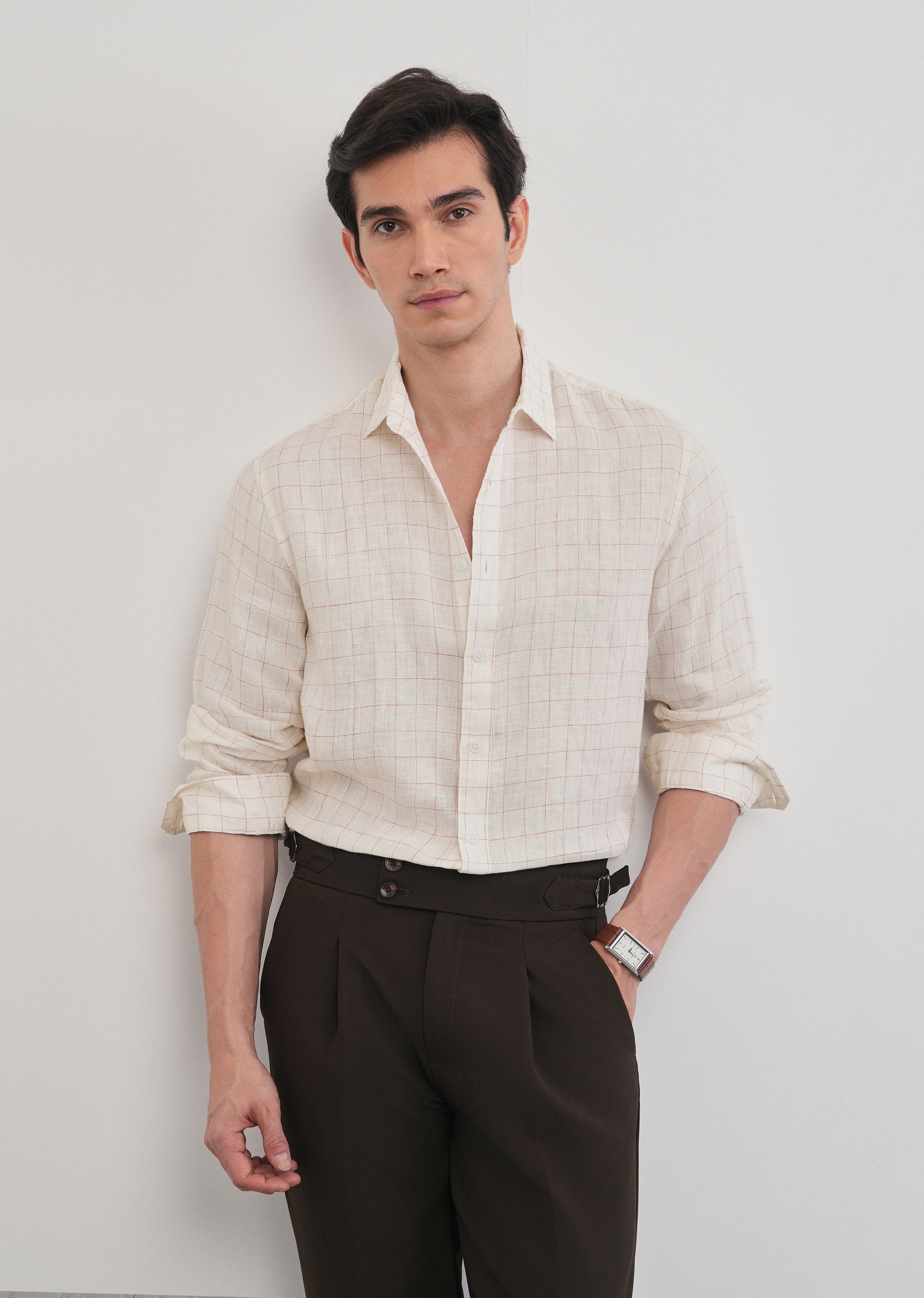 Ecru 100% Pure Linen Check Shirt