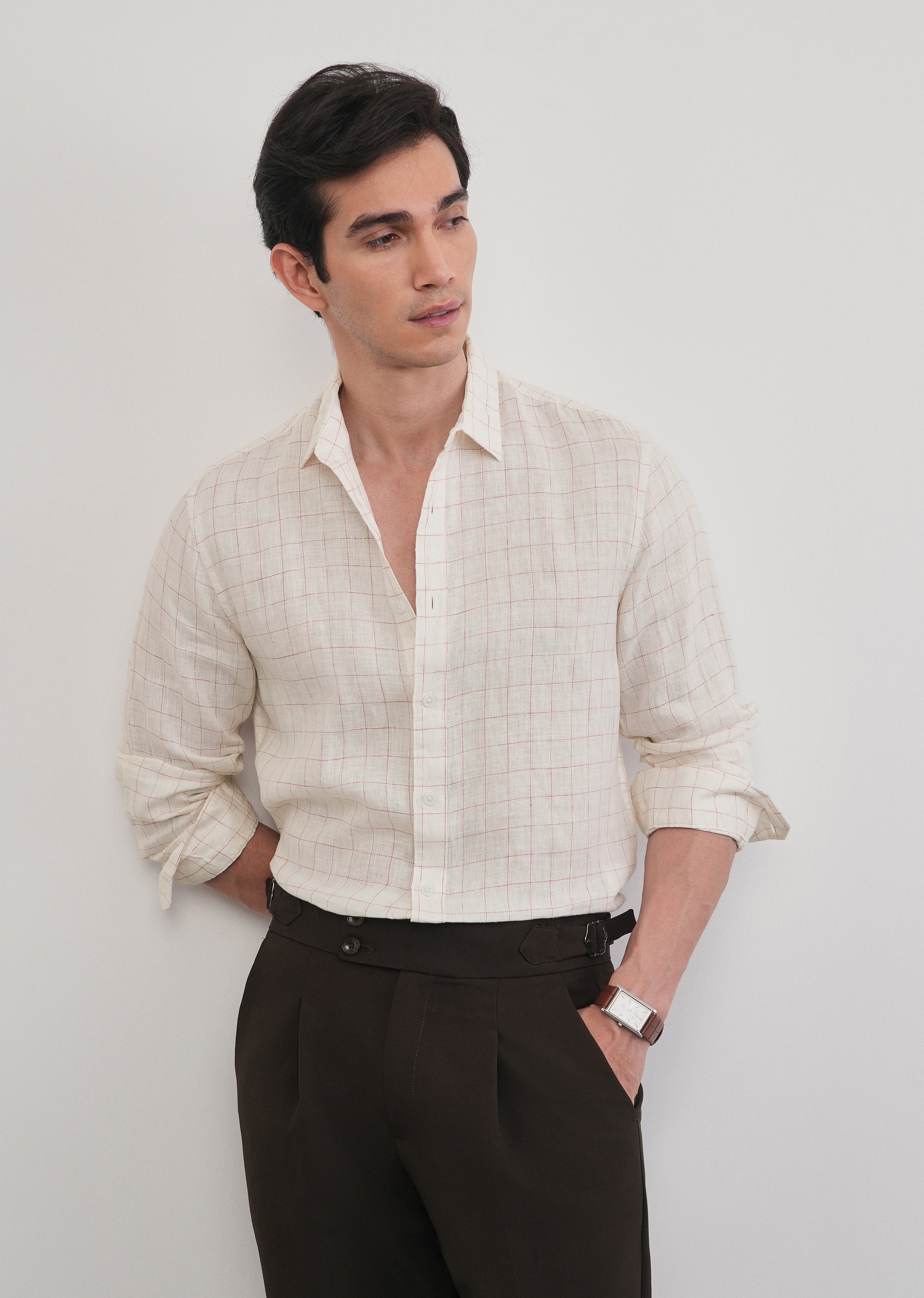 Ecru 100% Pure Linen Check Shirt