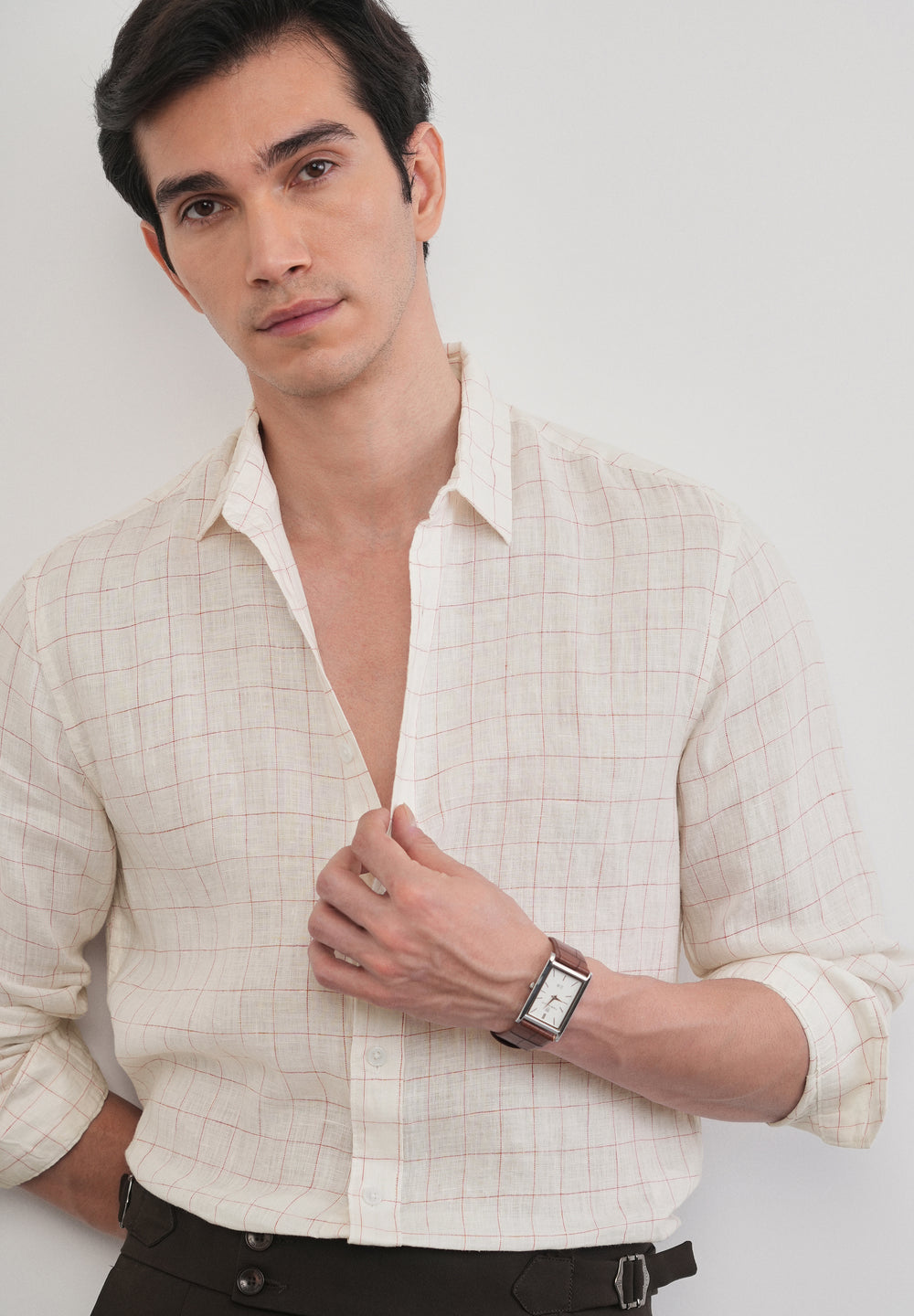 Ecru 100% Pure Linen Check Shirt