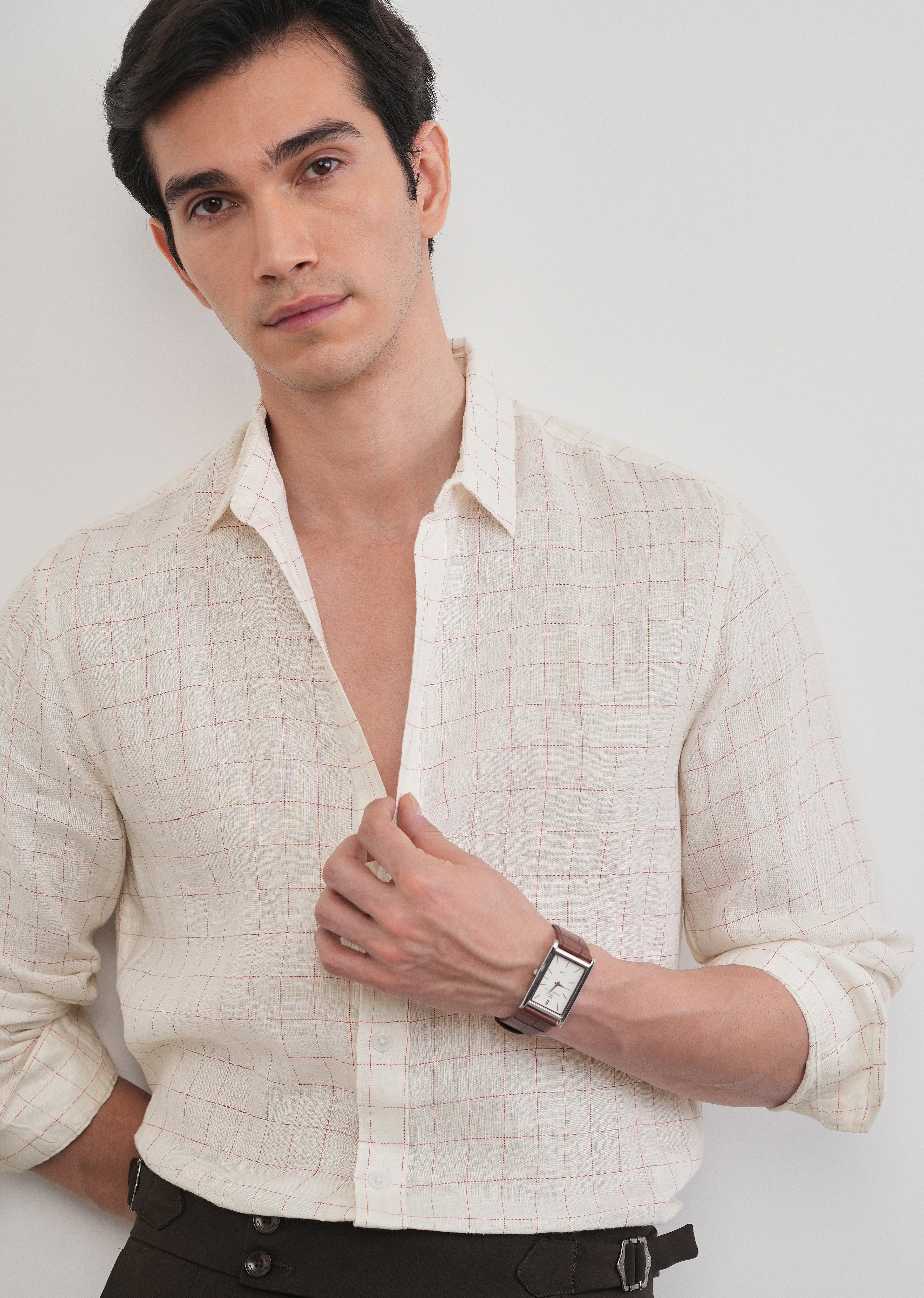 Ecru 100% Pure Linen Check Shirt