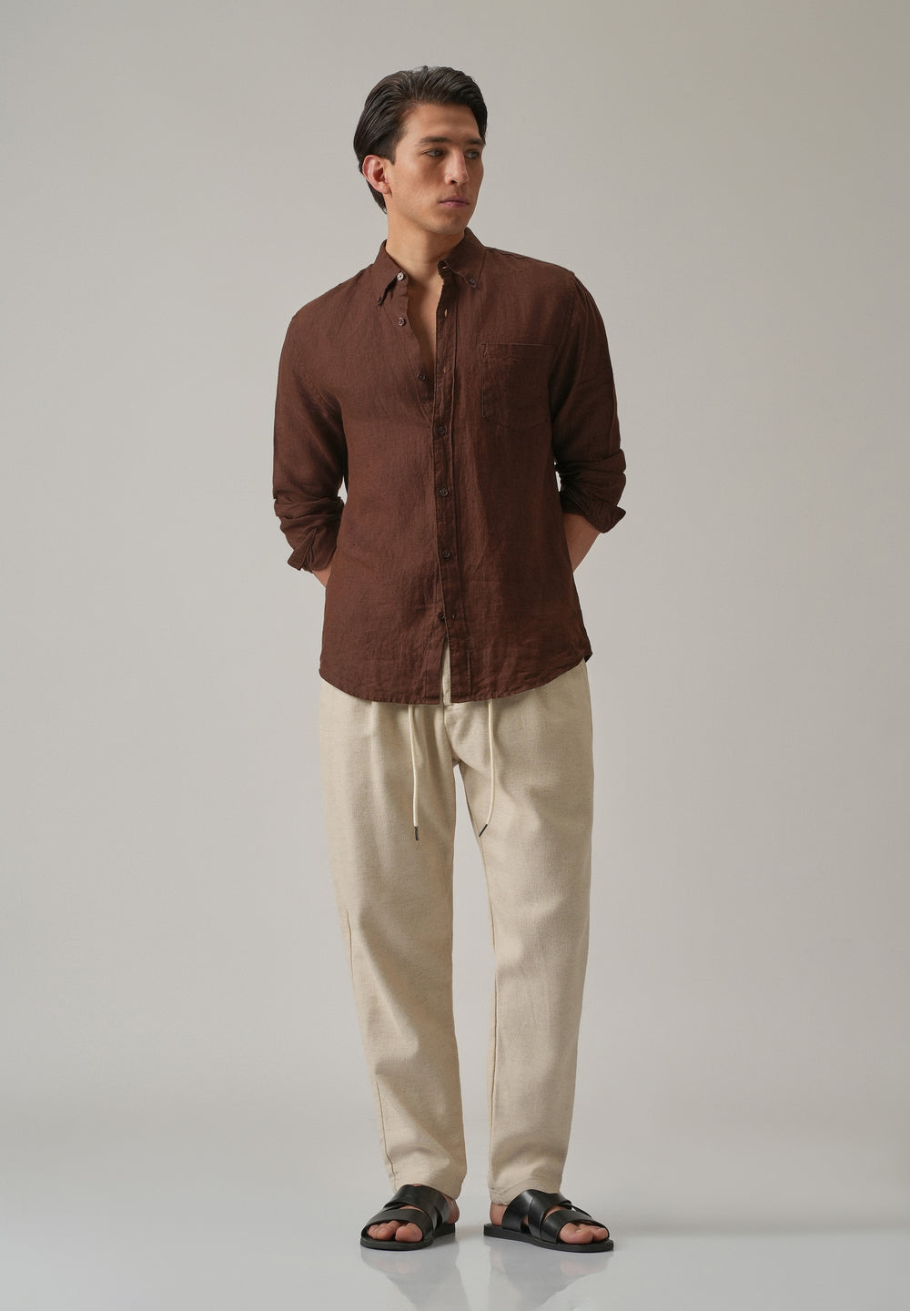 Ecru Beige Blended Linen Pant