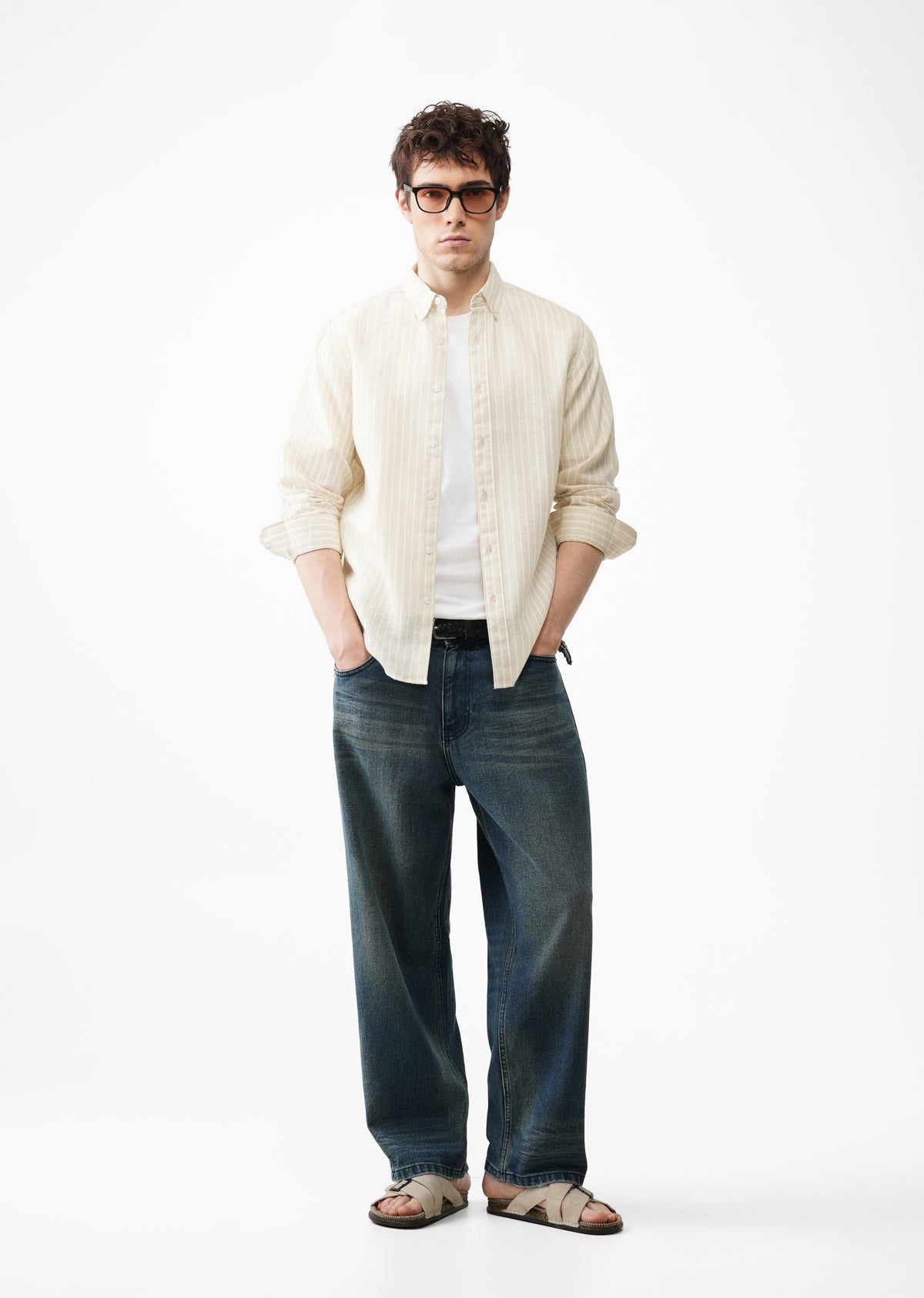 Ecru Beige Striped Linen Shirt