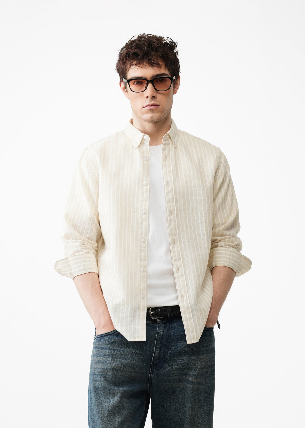 Ecru Beige Striped Linen Shirt