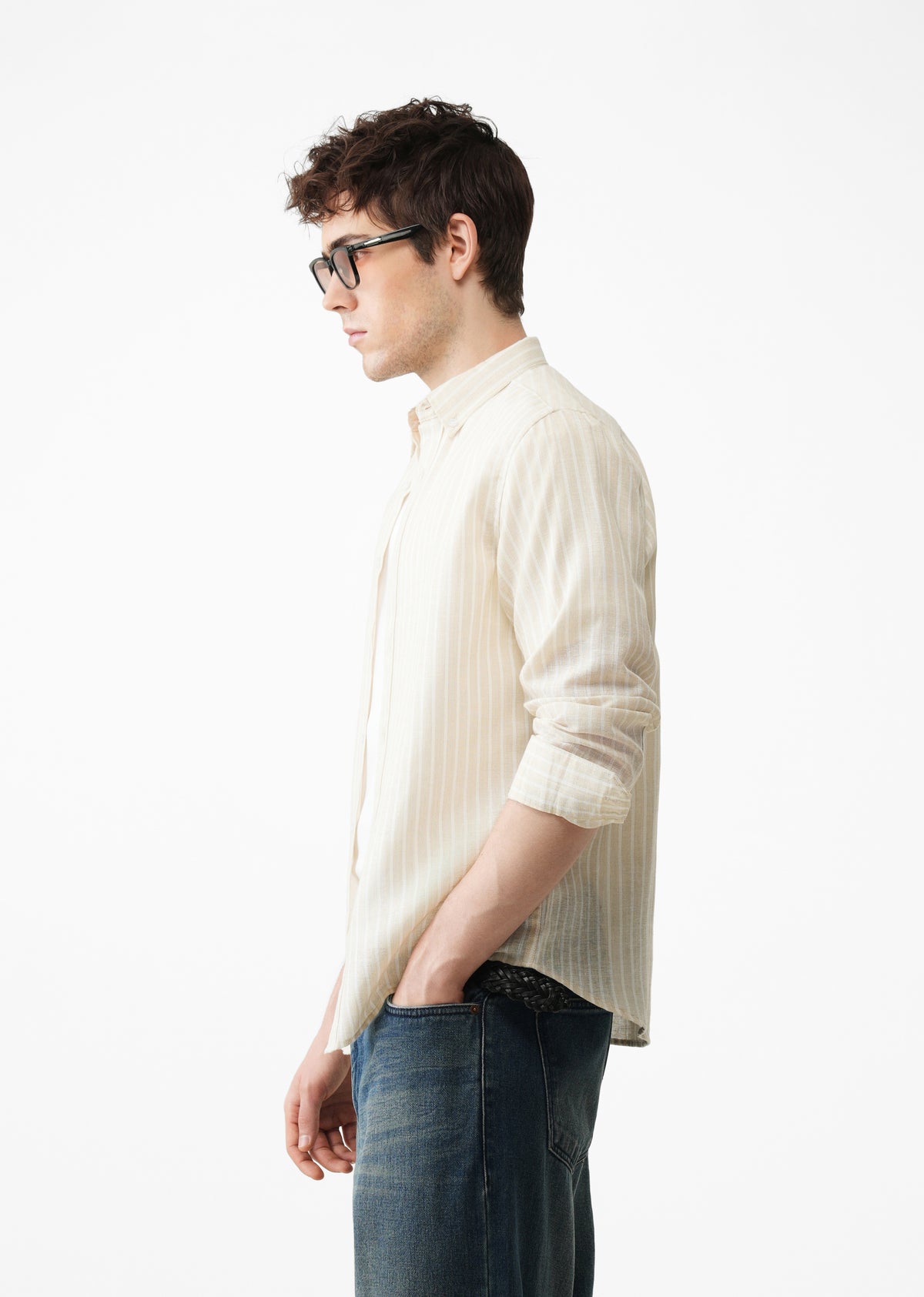 Ecru Beige Striped Linen Shirt