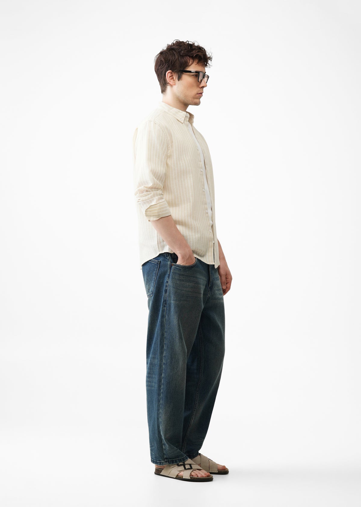 Ecru Beige Striped Linen Shirt