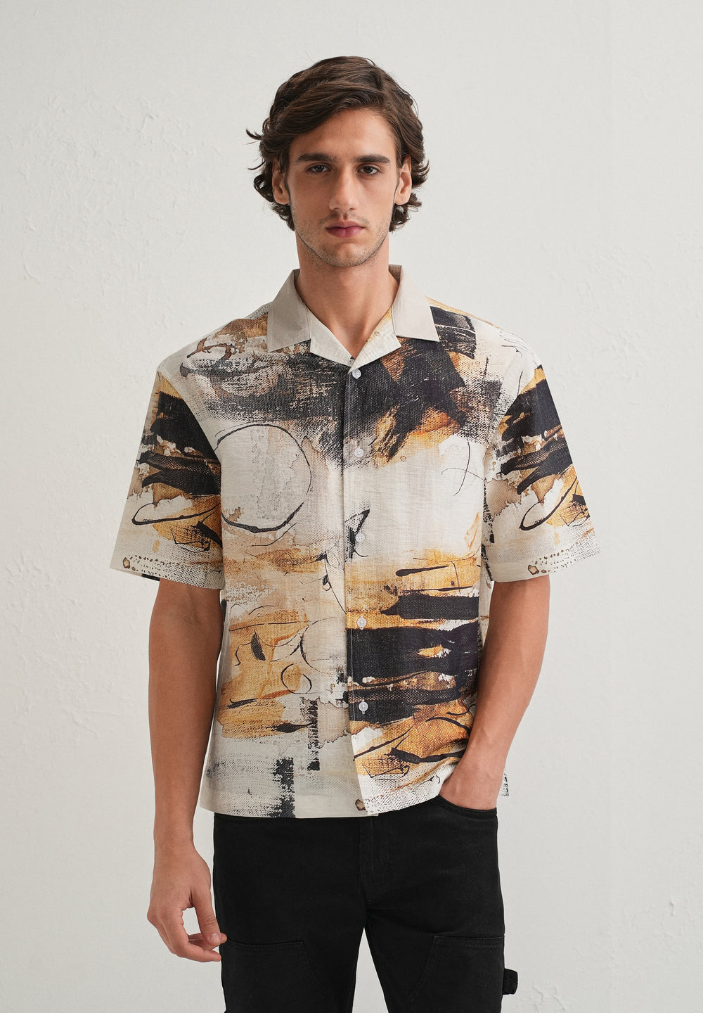 Ecru Brushstroke Placement Print Shirt