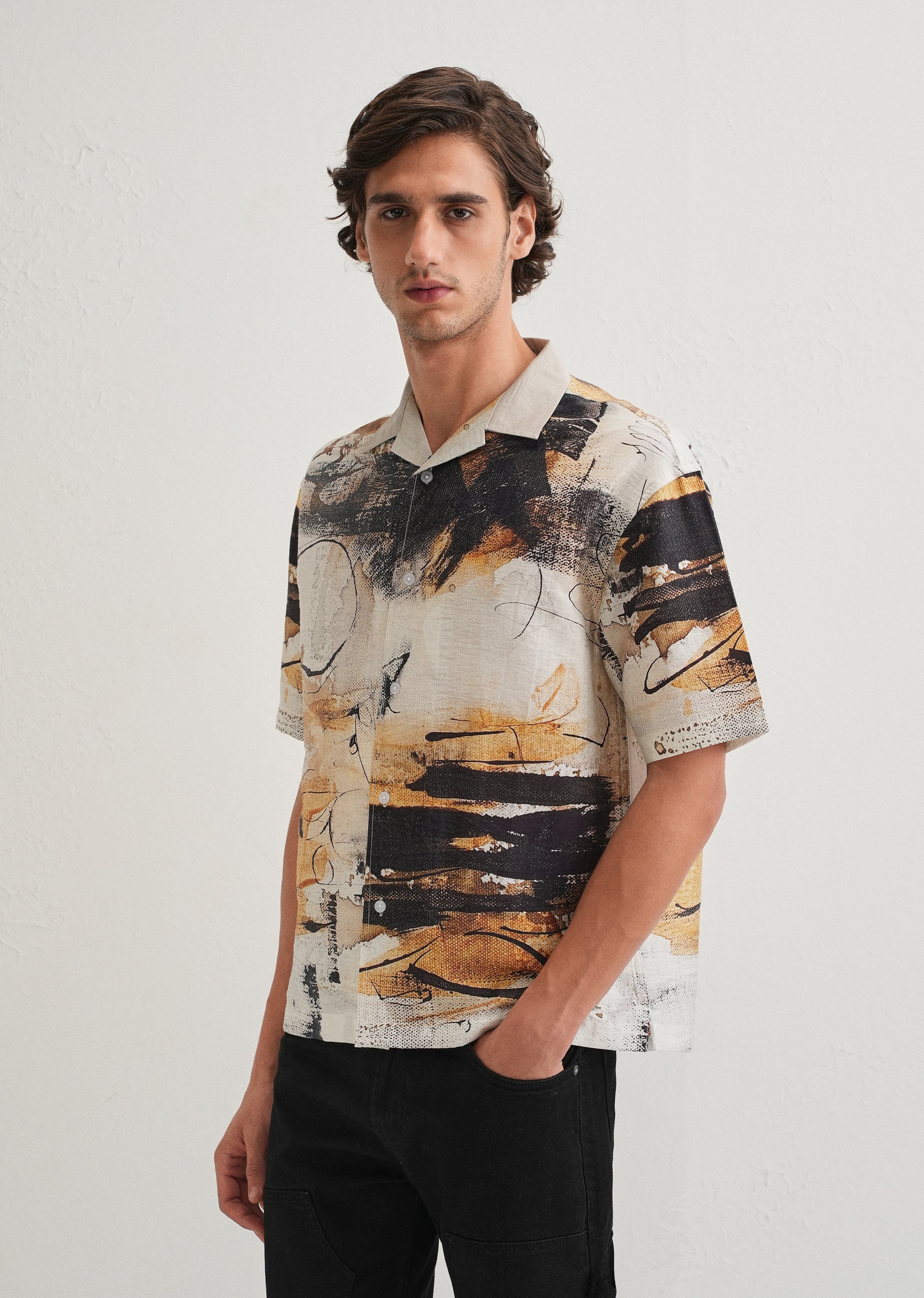 Ecru Brushstroke Placement Print Shirt
