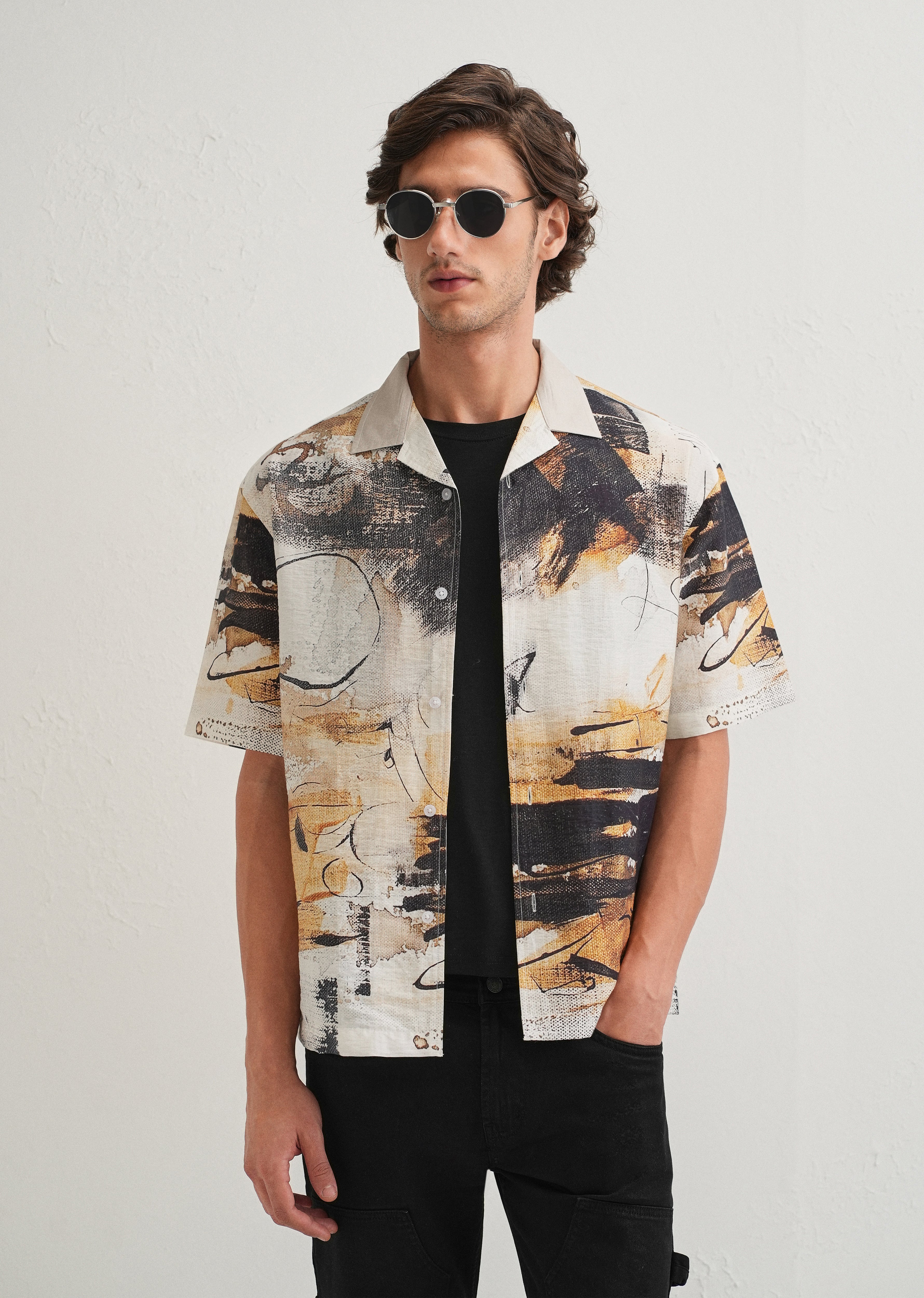 Ecru Brushstroke Placement Print Shirt
