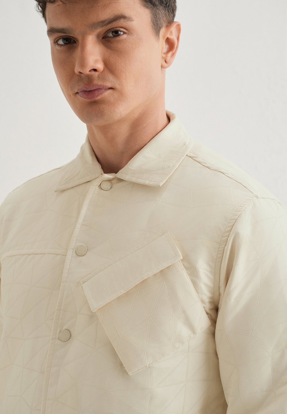 Ecru Cross Pocket Self Pattern Shacket