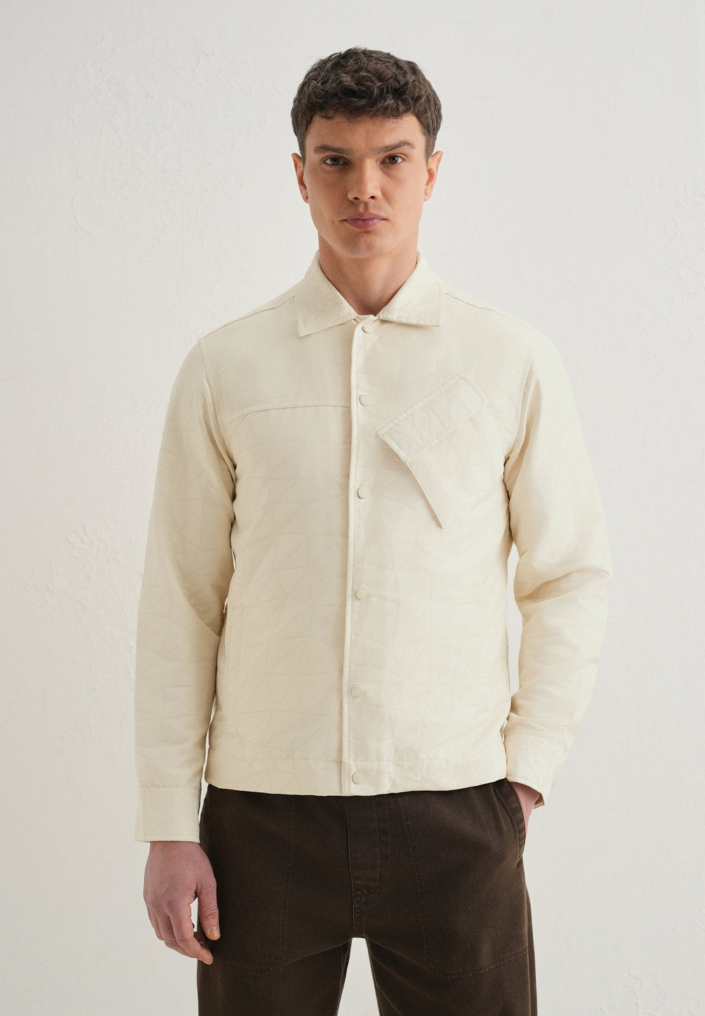 Ecru Cross Pocket Self Pattern Shacket