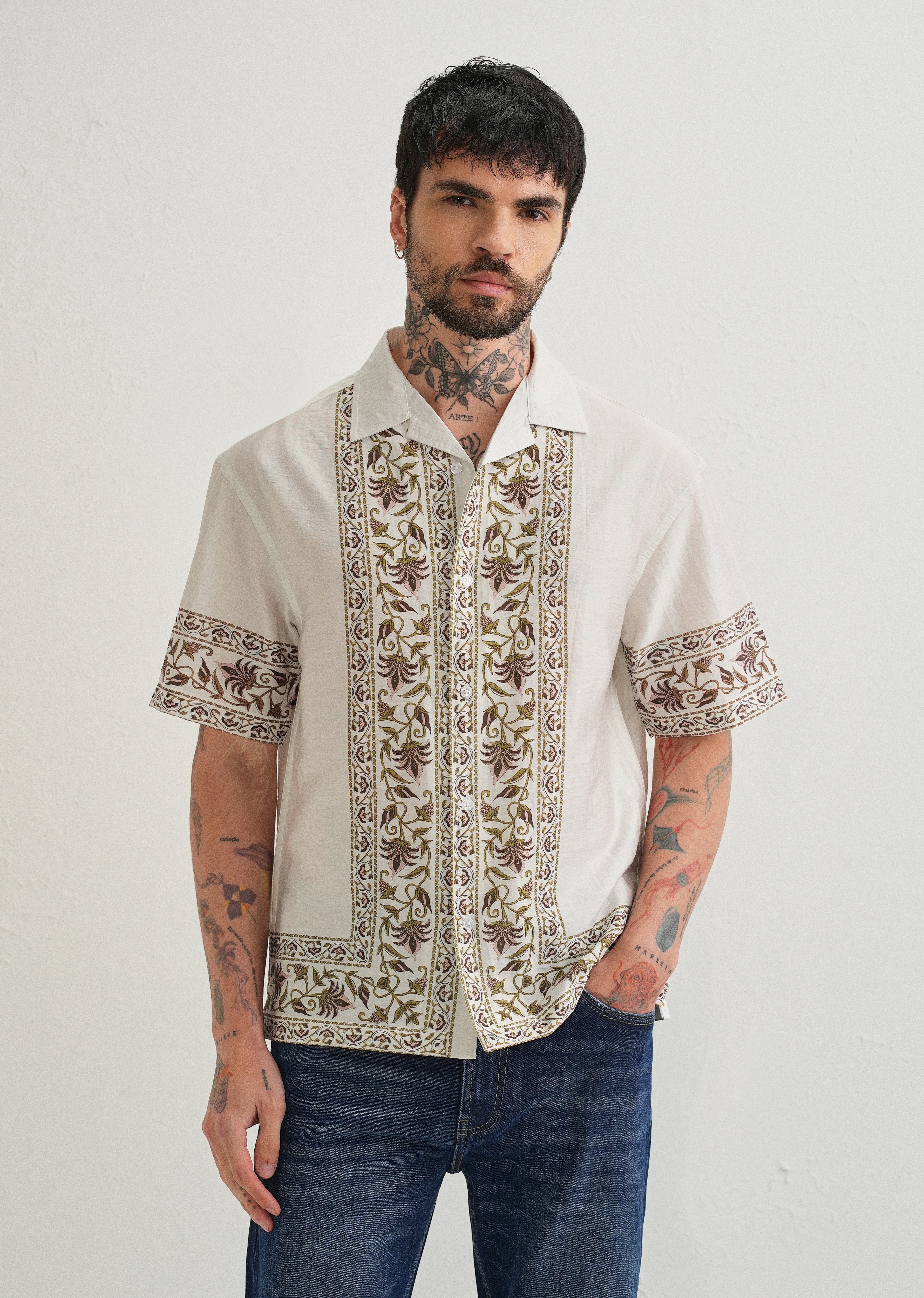 Ecru Floral Panel Printed Shirt