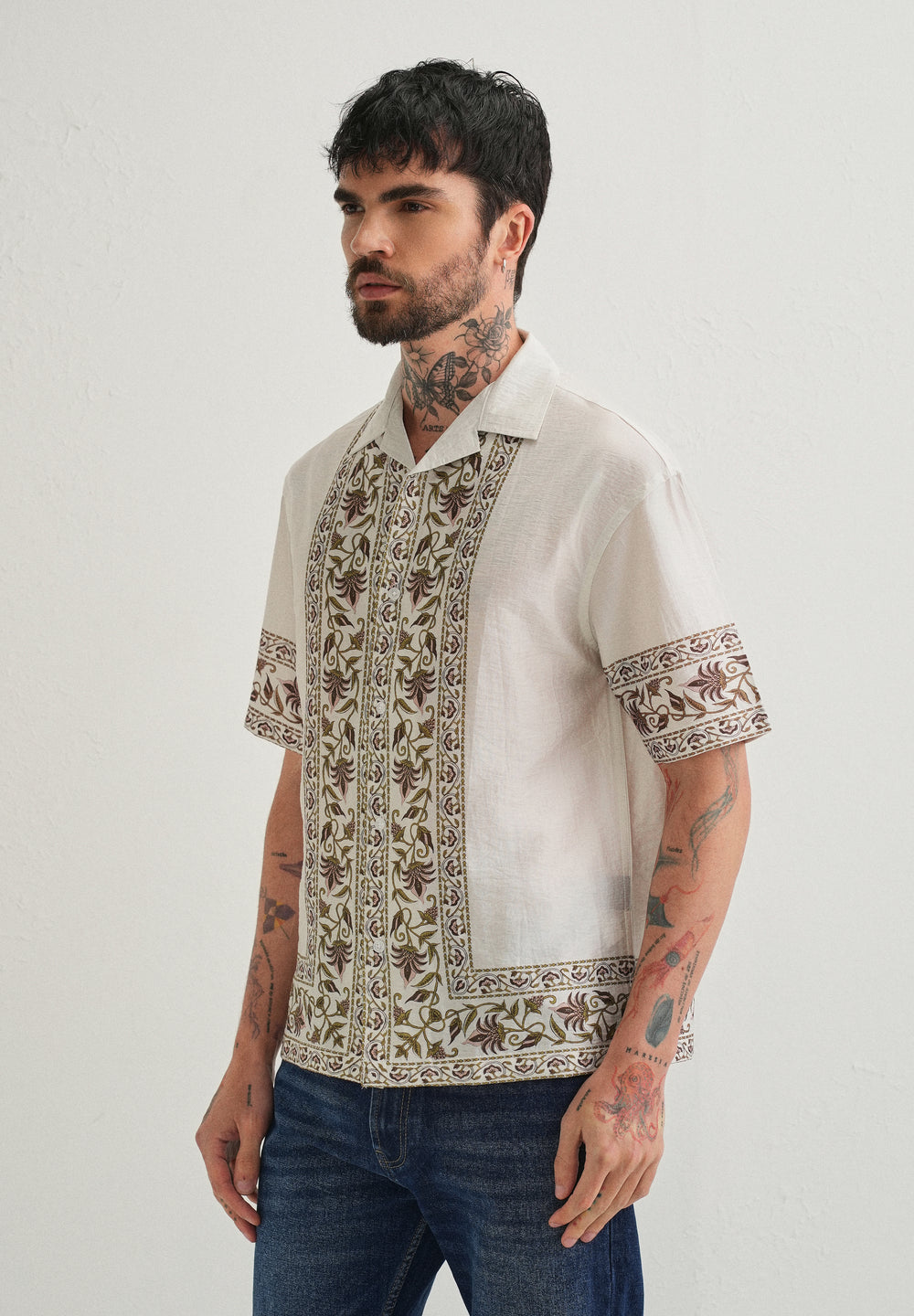 Ecru Floral Panel Printed Shirt