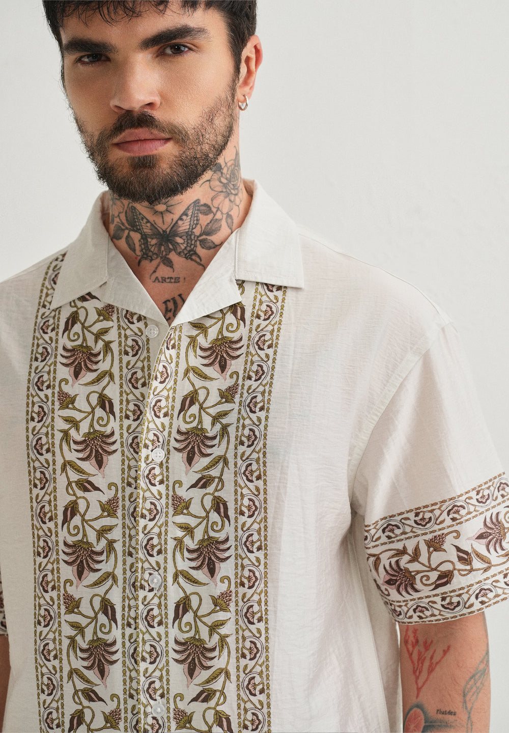 Ecru Floral Panel Printed Shirt