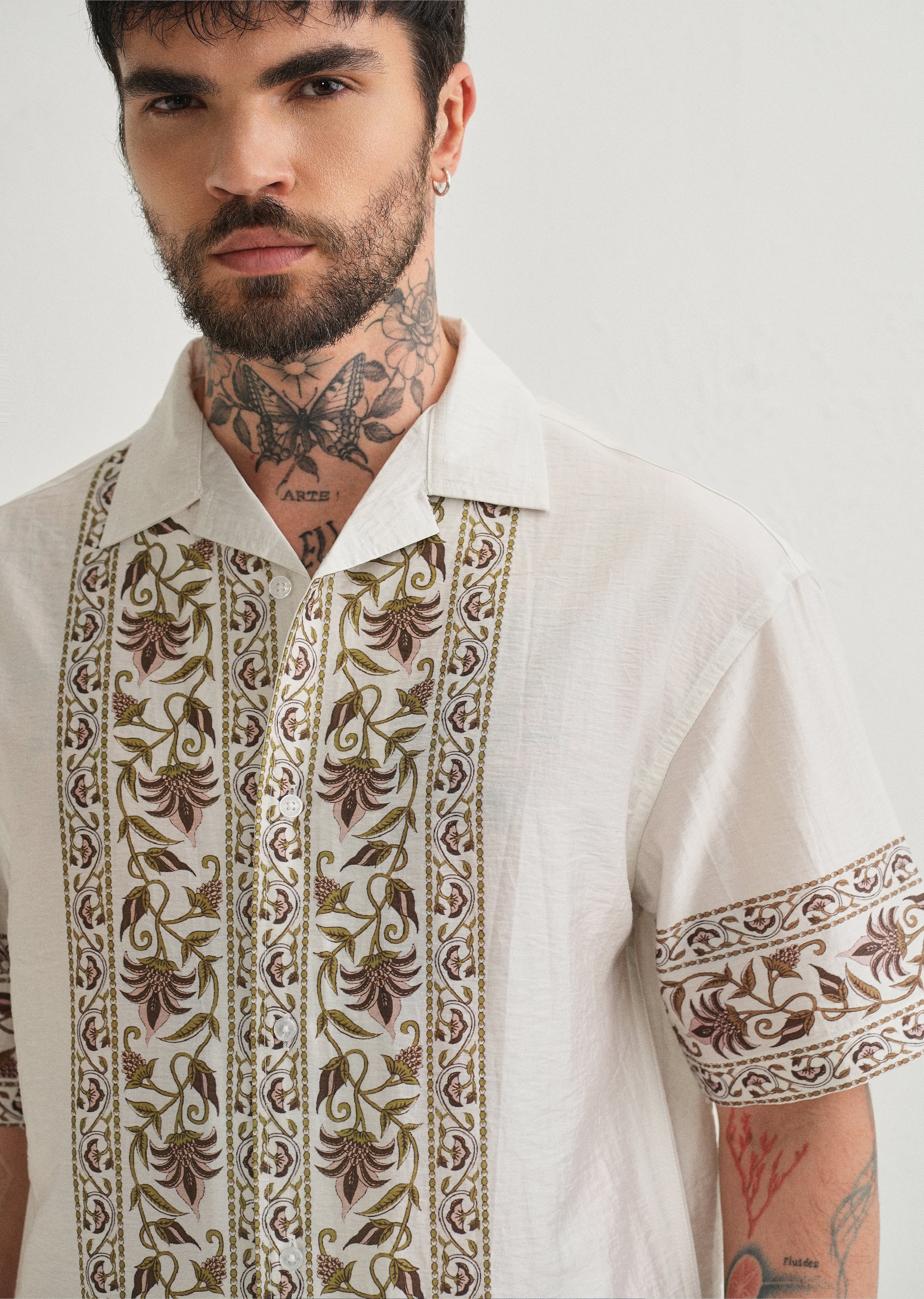 Ecru Floral Panel Printed Shirt