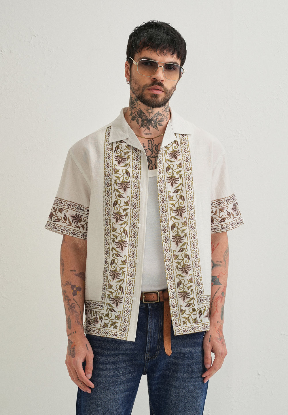 Ecru Floral Panel Printed Shirt