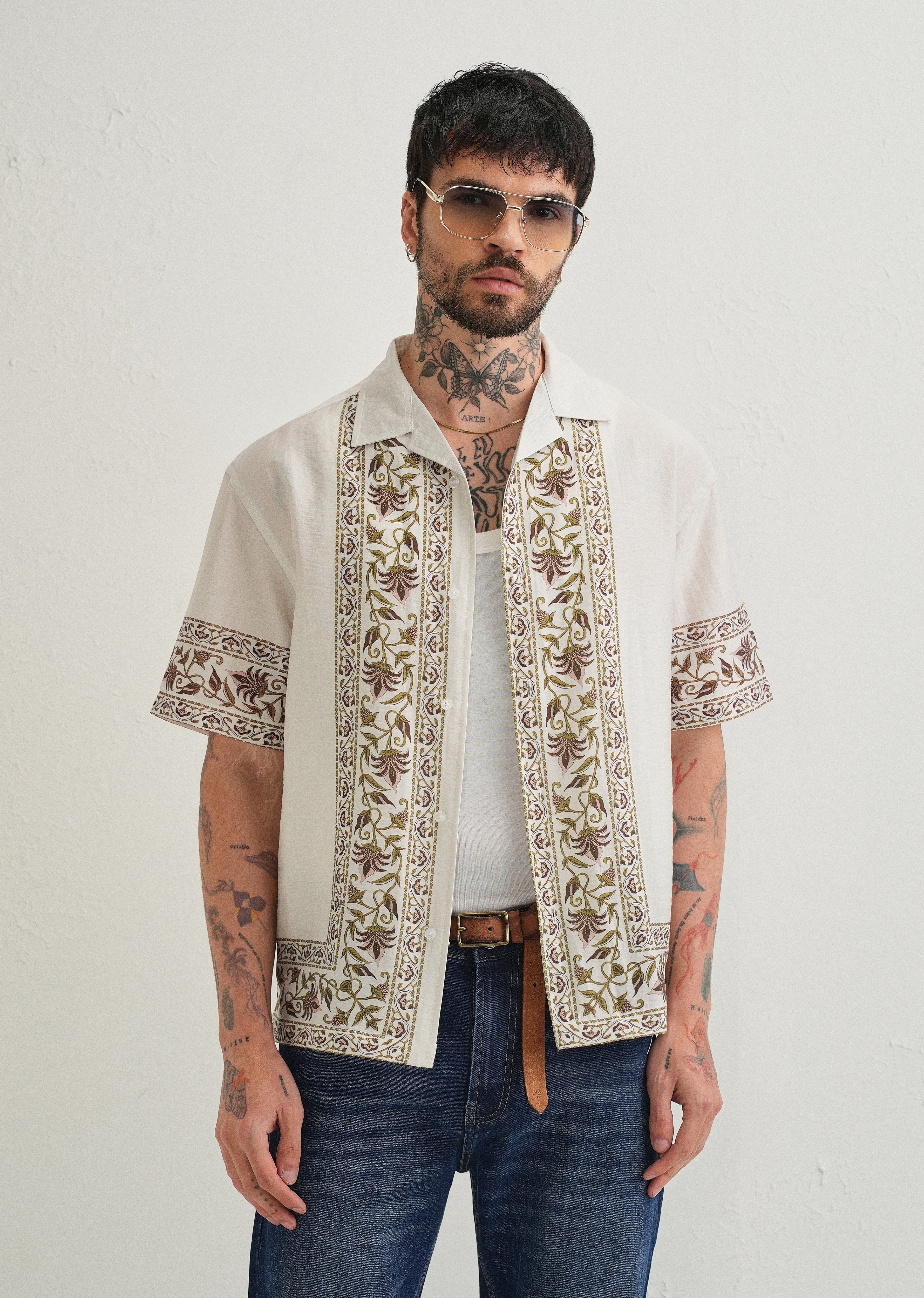 Ecru Floral Panel Printed Shirt