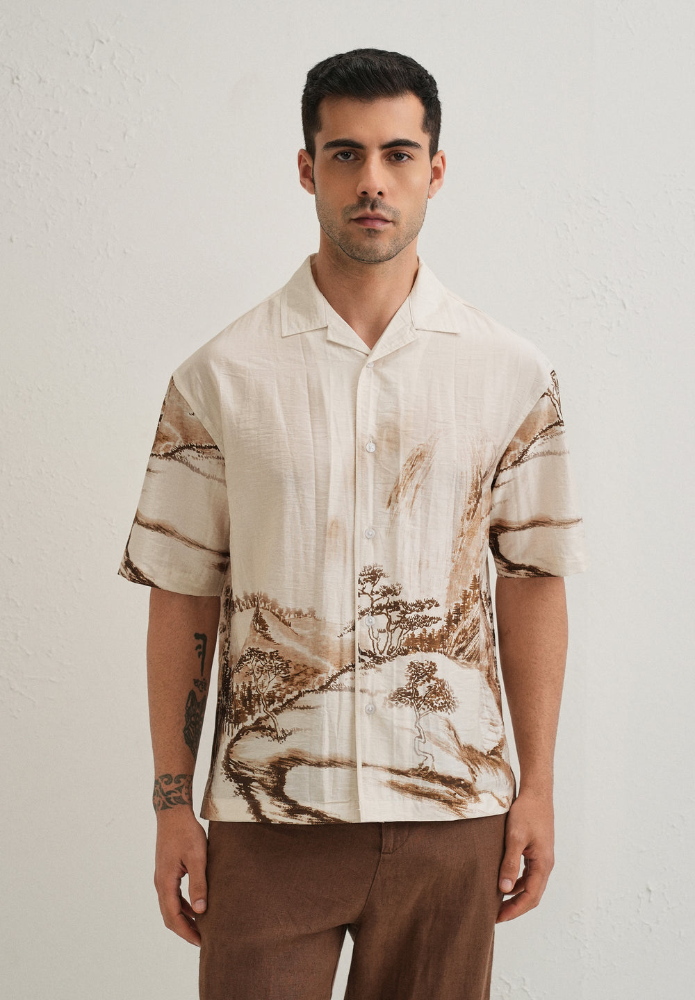 Ecru Ink Wash Placement Print Shirt