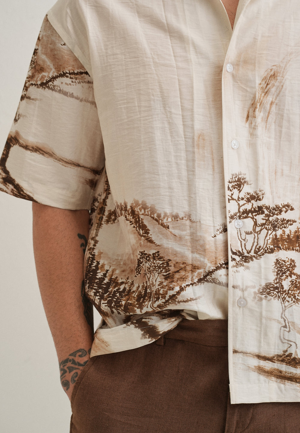 Ecru Ink Wash Placement Print Shirt