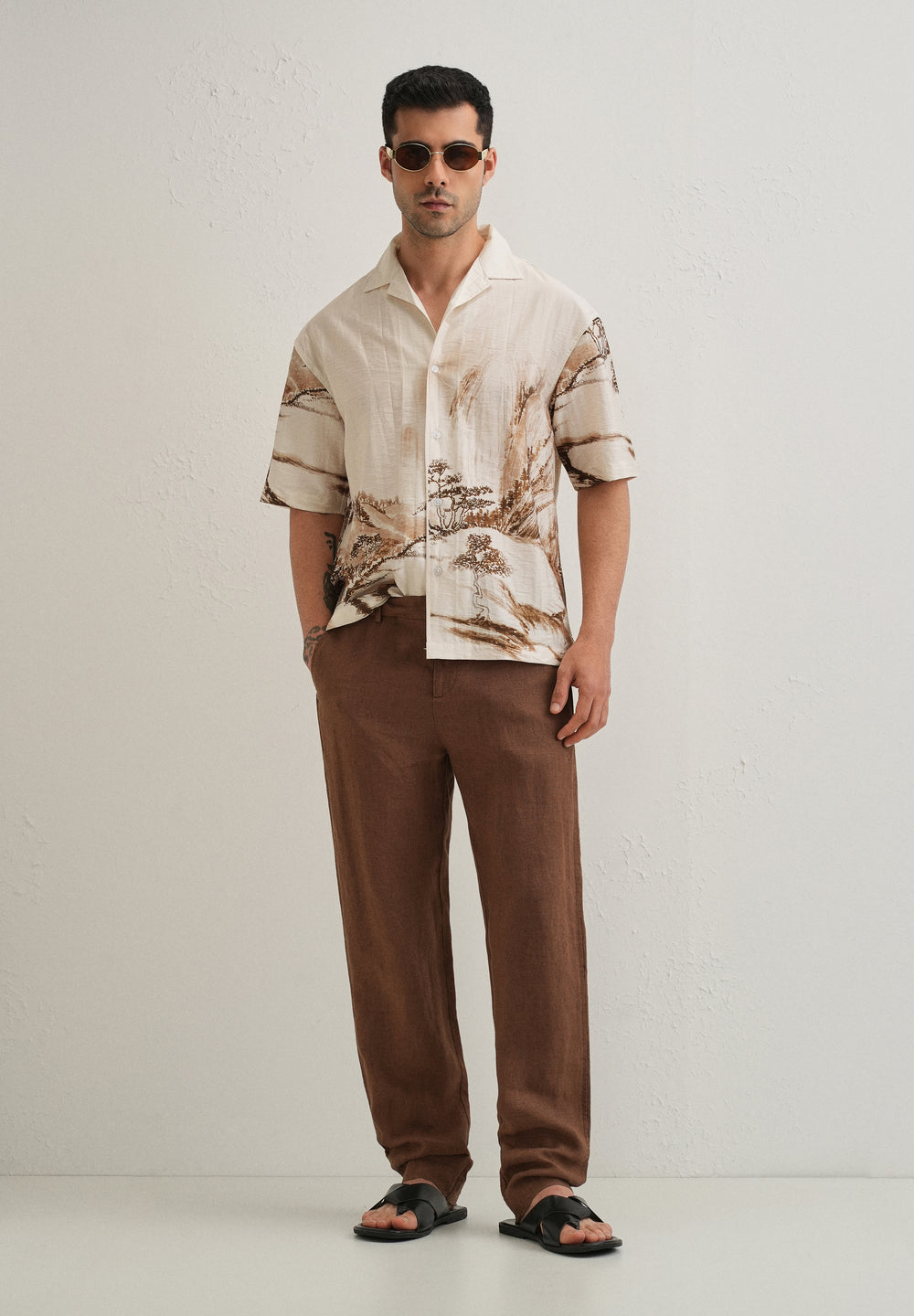 Ecru Ink Wash Placement Print Shirt