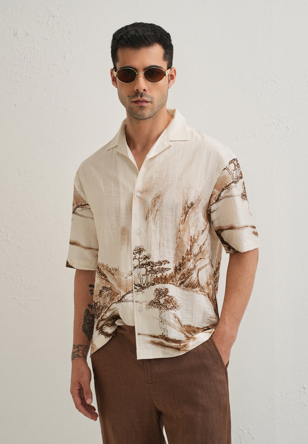 Ecru Ink Wash Placement Print Shirt